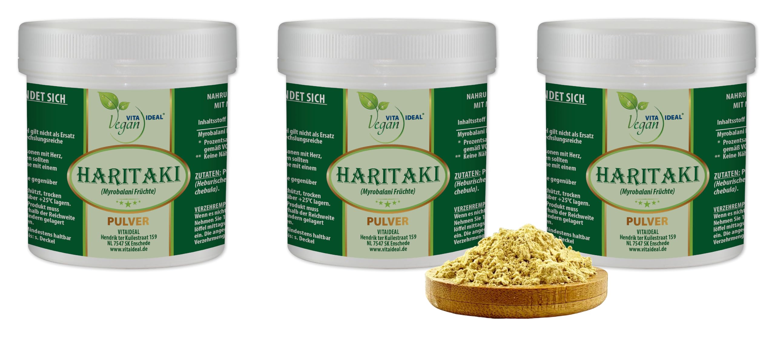 VITA IDEAL Vegan® HARITAKI - Früchte 3x 300g PULVER - Myrobalani Früchte - HARITAKIFRÜCHTE gemahlen. Natürlich, pflanzlich & ohne Zusatzstoffe. Inklusive Messlöffel.