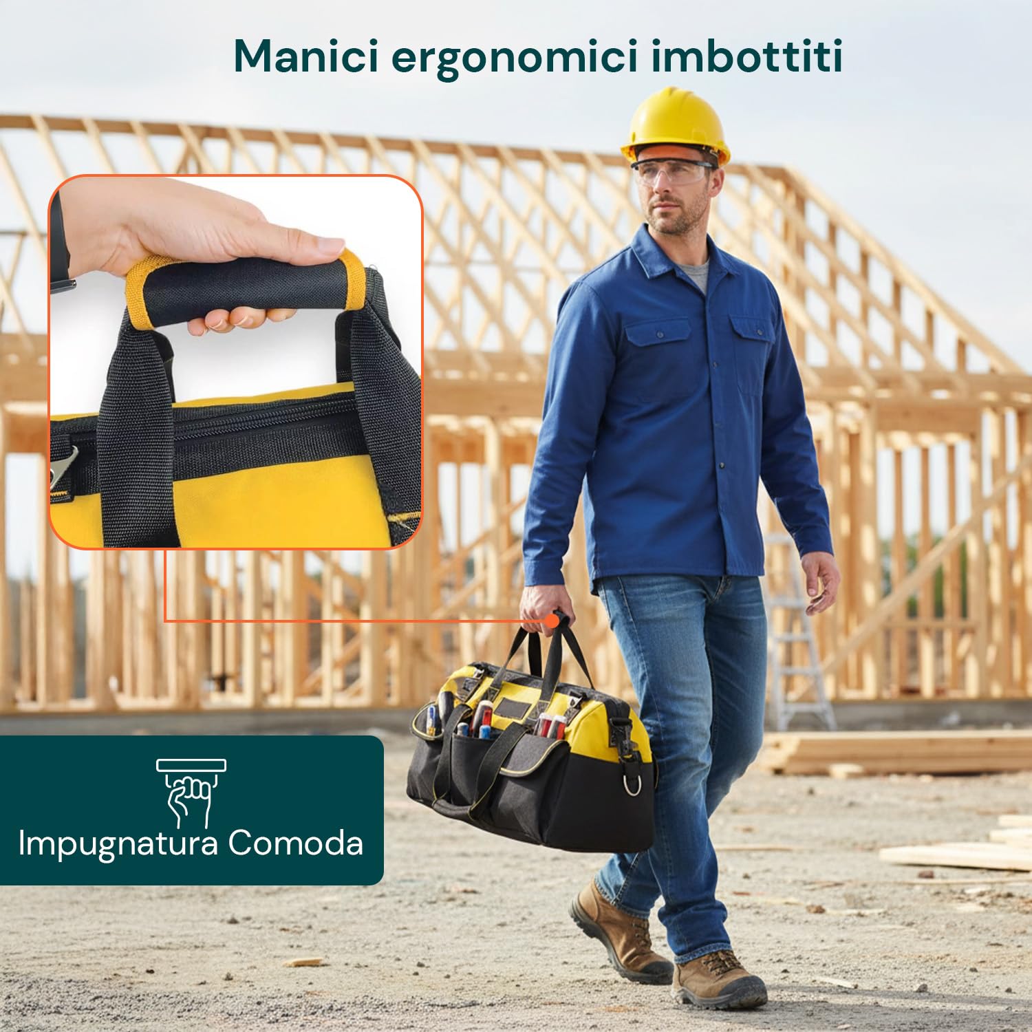 Daimann - Borsa Porta Attrezzi Multitasche in Tessuto Oxford Impermeabile con Base Rigida, Manico Confortevole per Uso Professionale e Fai-da-te