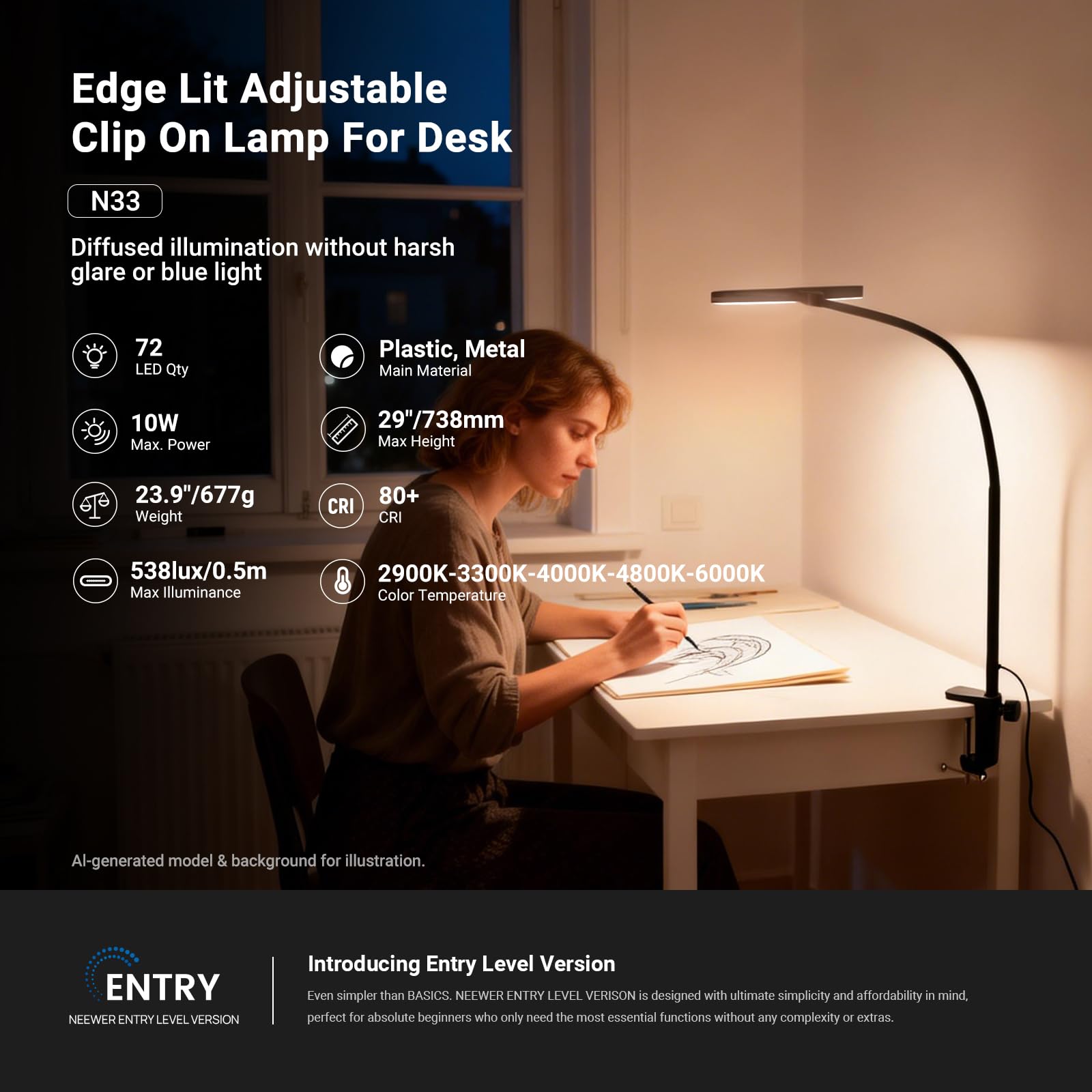 NEEWER ENTRY LEVEL VERSION lampa stołowa LED z zaciskiem, 10 W, Edge Lit Clip on, elastyczna lampka na biurko, z ochroną oczu, 5 trybów kolorystycznych, CRI80+, możliwość ściemniania, do biura