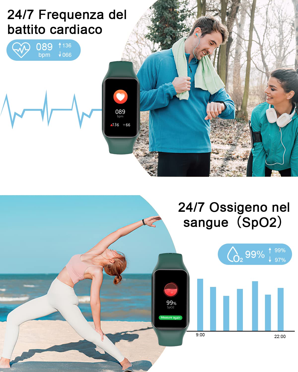 IOWODO R1 Smartwatch uomo donna con ossimetro (SpO2) Monitor Contapassi frequenza cardiaca Sonno Pedometro,Smart Watch donna uomo con notifica messaggi,IP68 impermeabile per Android iOS (2 cinturini)
