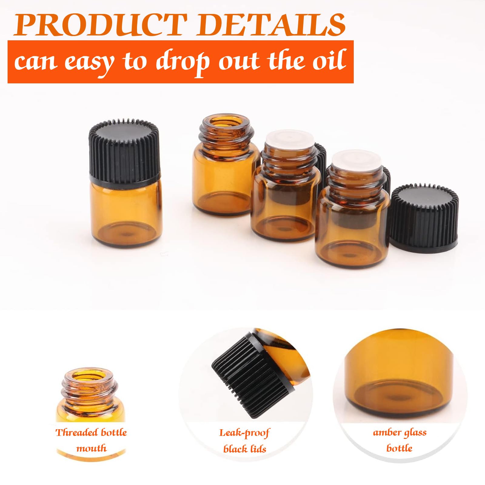 Mini Botellas de Aceite Esencial Vacías de Vidrio Ámbar 1ml, 100 pcs con Pipetas y Embudos