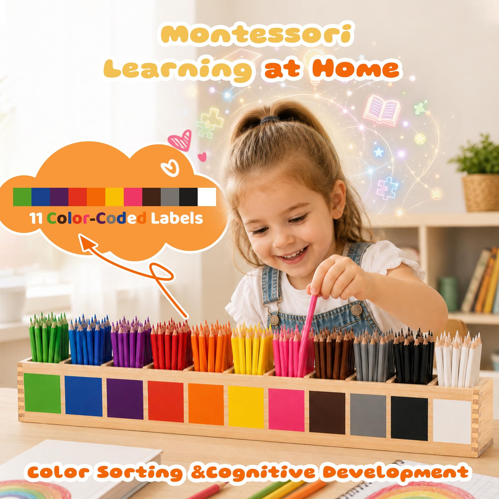 Pot à Crayons de Couleur en Bois 73 x 8 x 9 cm, Montessori Pot à Crayon Bois Massif à 11 Compartiments Rangement de Bureau pour Crayons de Couleur et Pinceaux, Idéal pour École Bureau Maison