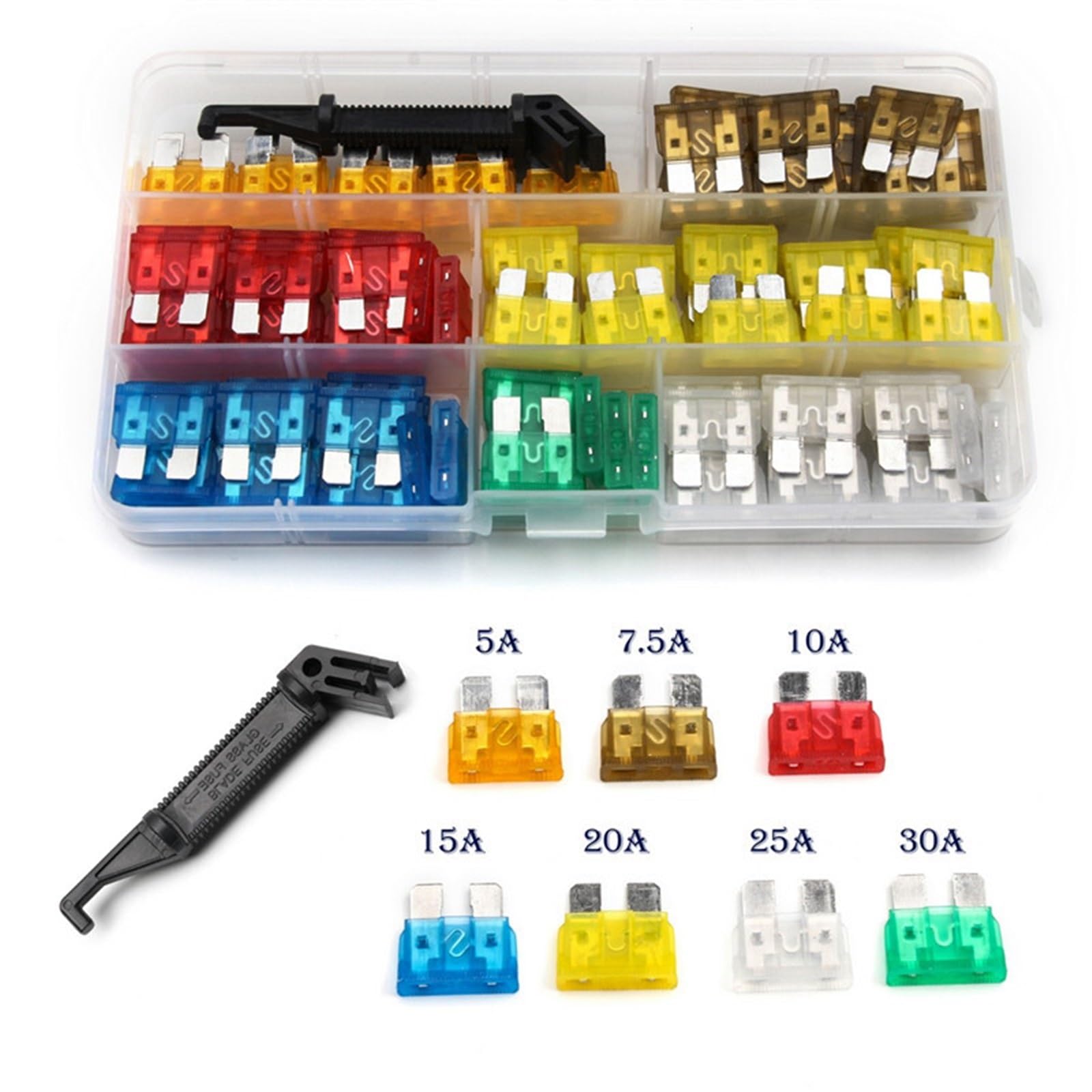120PCS Medium Car Blade Fuse with Box + 1PCS Fuse Blade Holder for Automotive Boat Insurance Piece Assortment Set 5A-30A