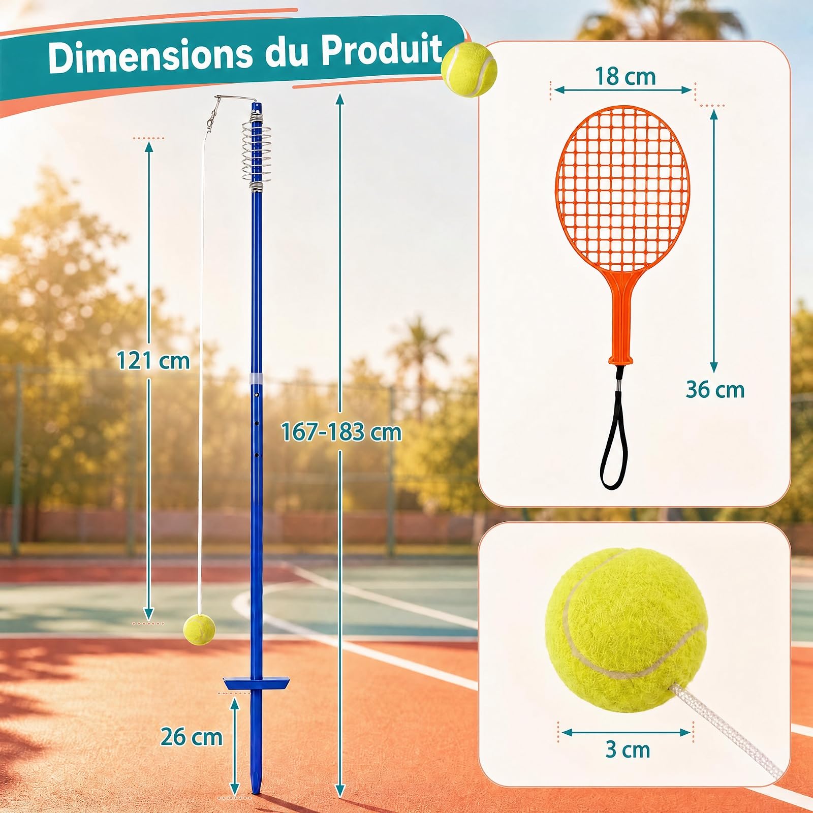 LIFEZEAL Balle de Tennis avec Corde, 3 Hauteurs Réglables