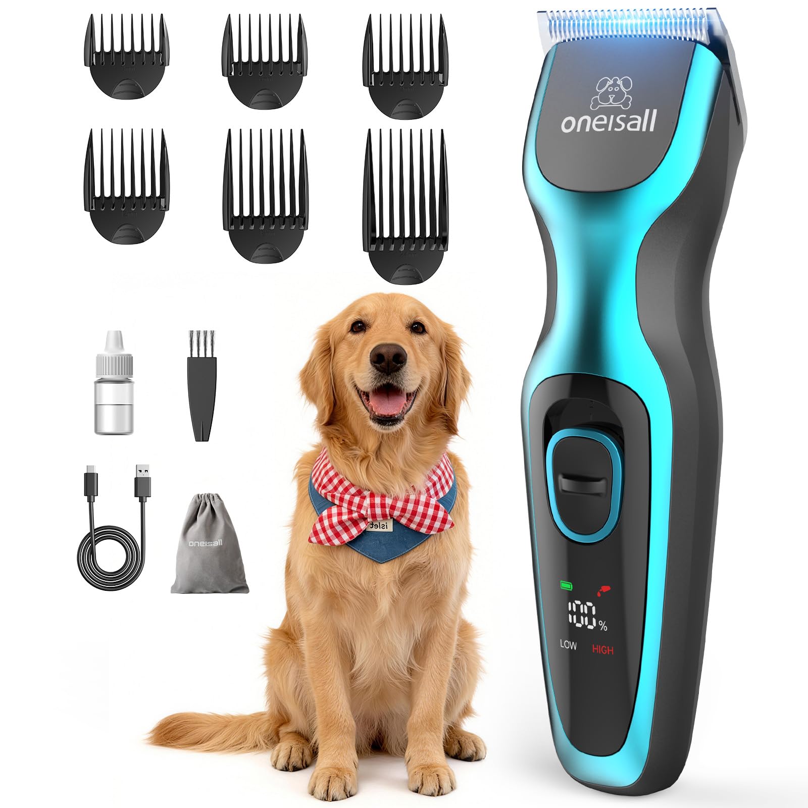 oneisall Dog Clippers Professional for Thick Hair, Heavy-Duty Grooming Kits with Detachable Metal Blade, Low Noise, Cordless Pet Shaver for Cockapoo Poodles