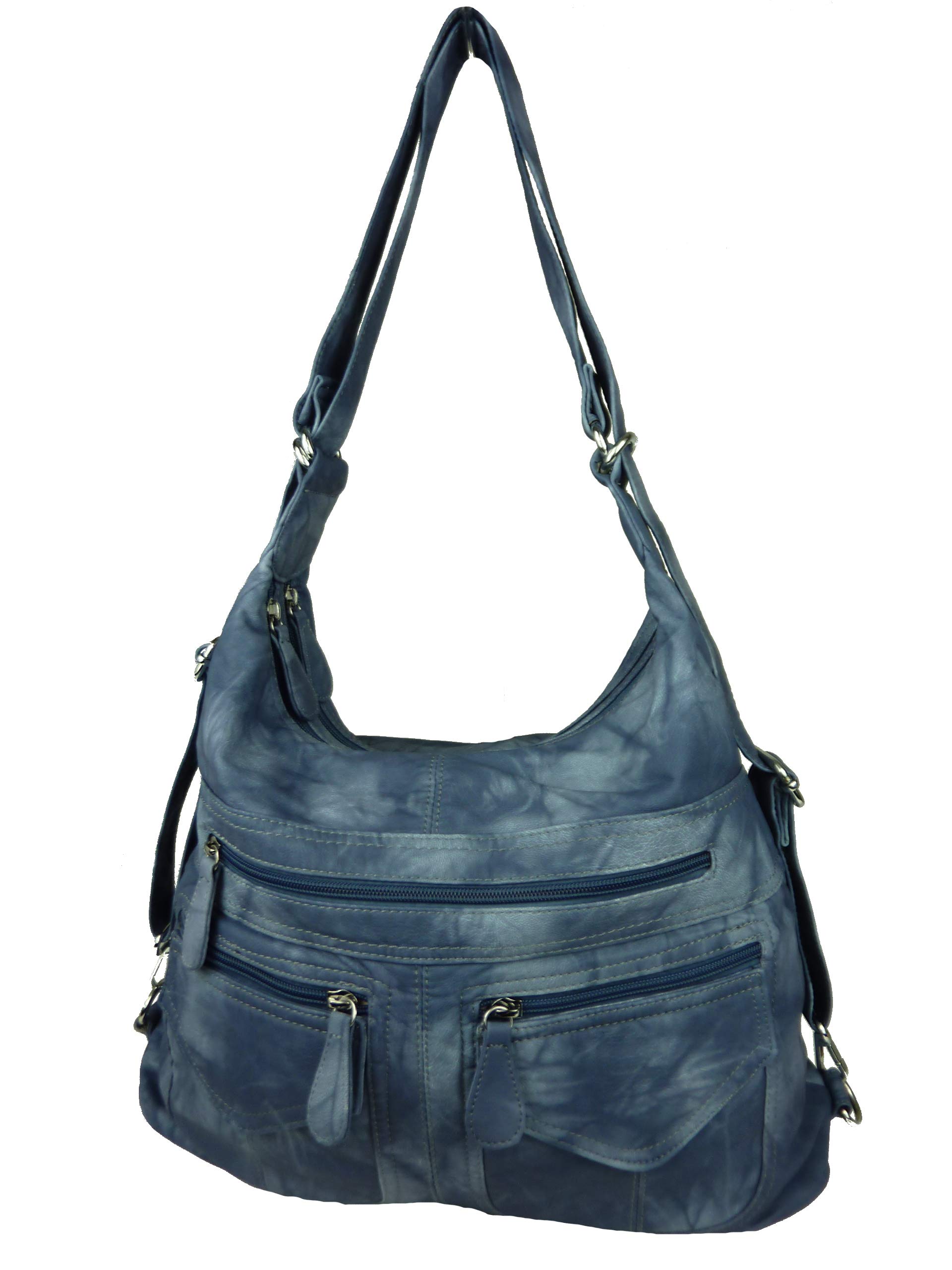 Rucksacktasche I 2in1 Damen Rucksack und Handtasche in Einem I Schultertasche einfarbig uni und batik I Damen-Tasche sportlich & leger (jeansblau blau)