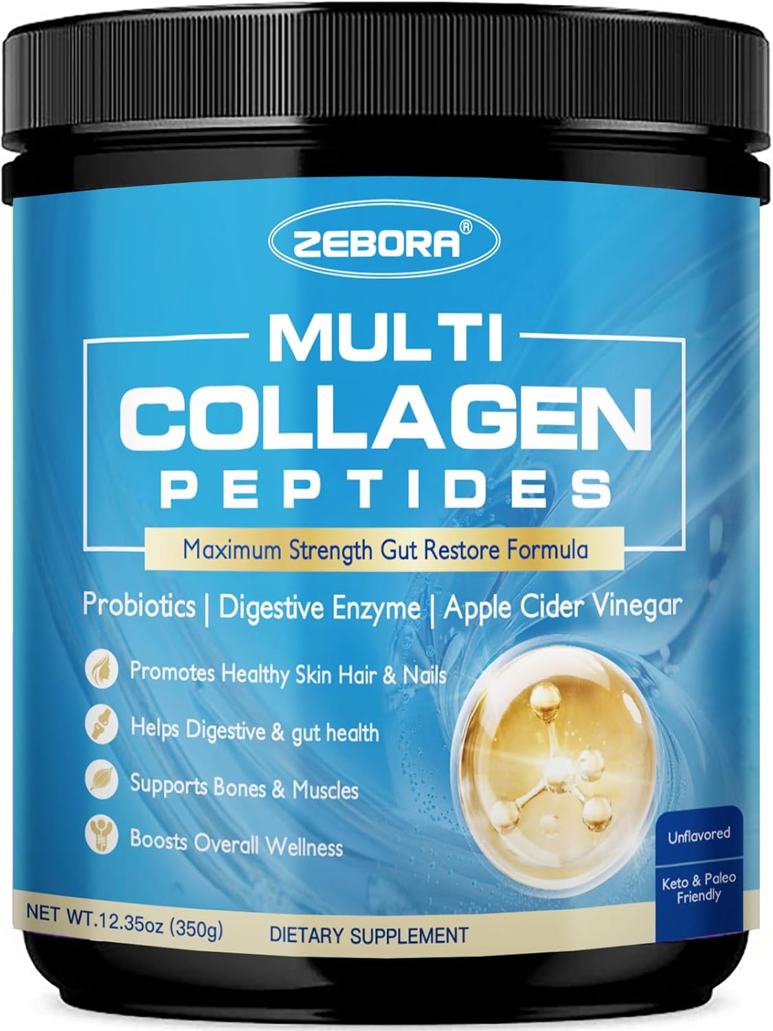 ZEBORA Multi Collagen Peptides Powder with Probiotic for Gut Health, Hydrolyzed Collagen with Digestive Enzymes, Prebiotics for Women, Support Digestive Health, Skin, Hair, Joints, Non-GMO,35 Servings