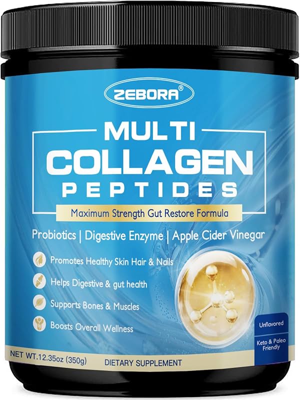 ZEBORA Polvo de Péptidos de Colágeno Multi con Probiótico, 35 Porciones | Colágeno Hidrolizado Tipo I II III V X para Mujeres con Enzimas Digestivas, Apoya Piel, Cabello, Uñas e Intestino Polvo 350 Gram (Paquete de 1)