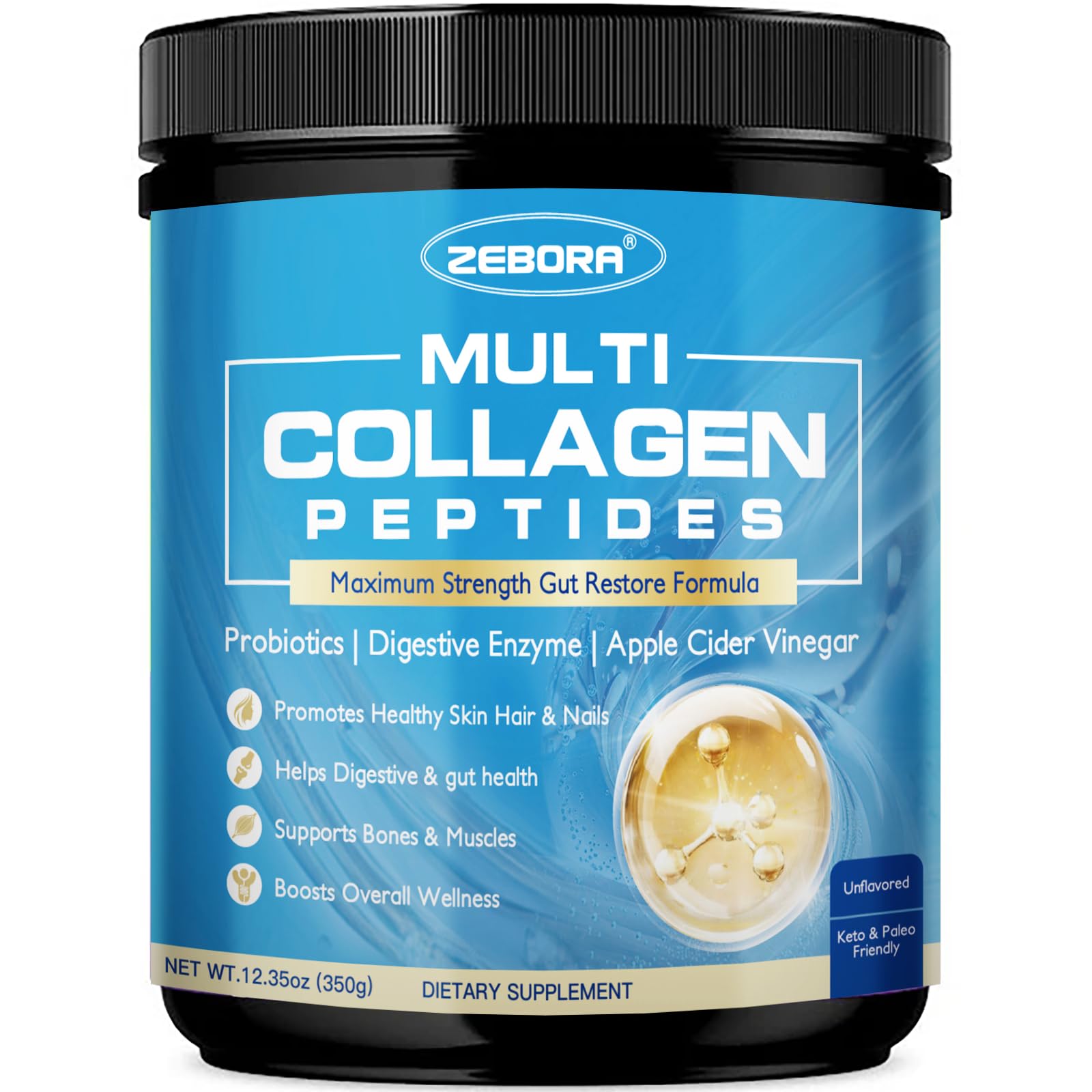 ZEBORA Multi Collagen Peptides Powder with Probiotic, 35 Servings 12.35 Ounce (Pack of 1)