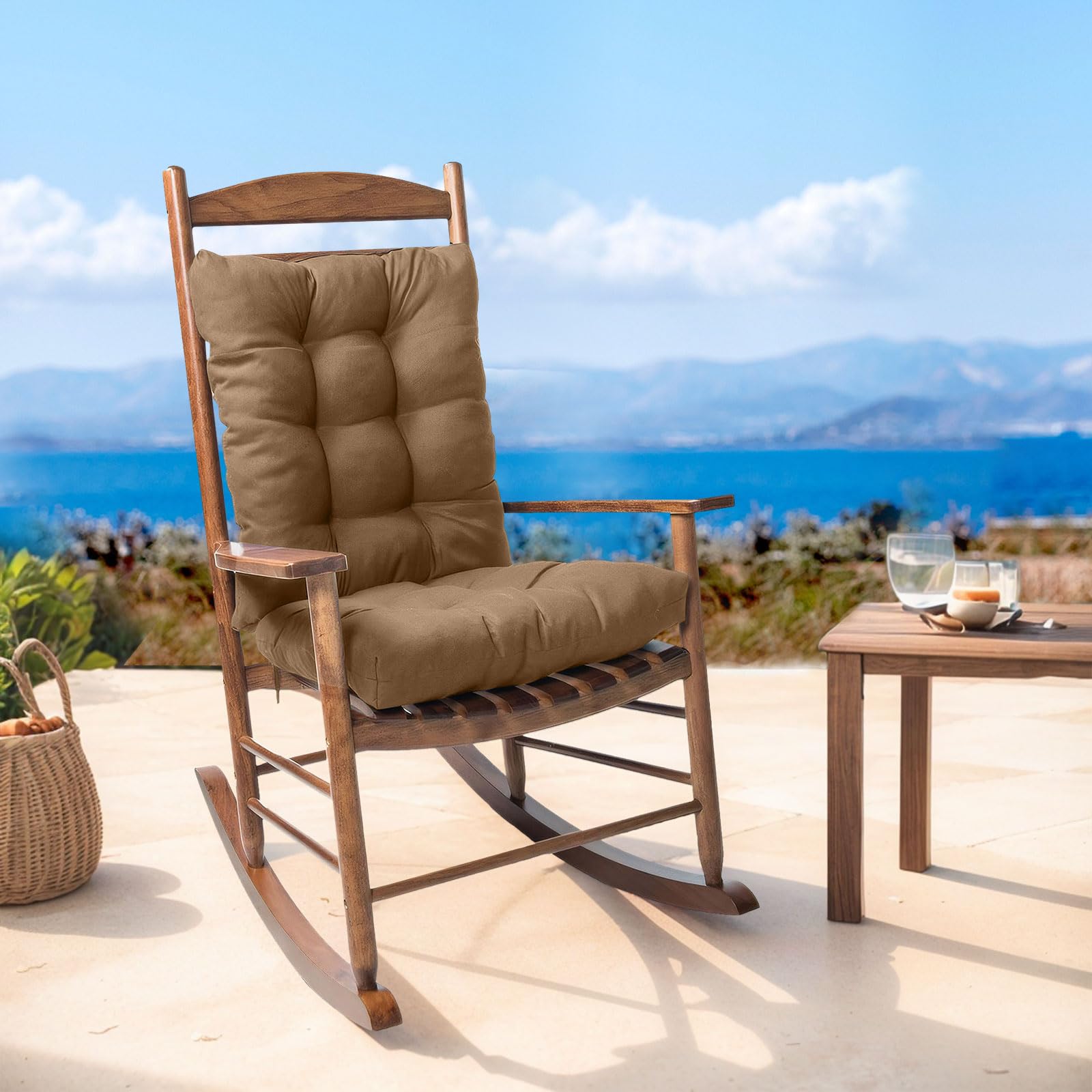LiveGo Patio Rocking Chair Cushion,Waterproof Non-Slip High Patio Cushions,High Back Thick Padding for Rocking/Chaise Lounge, UV Resistant & Quick Dry for Garden/Poolside (Khaki, 2 Piece Set)