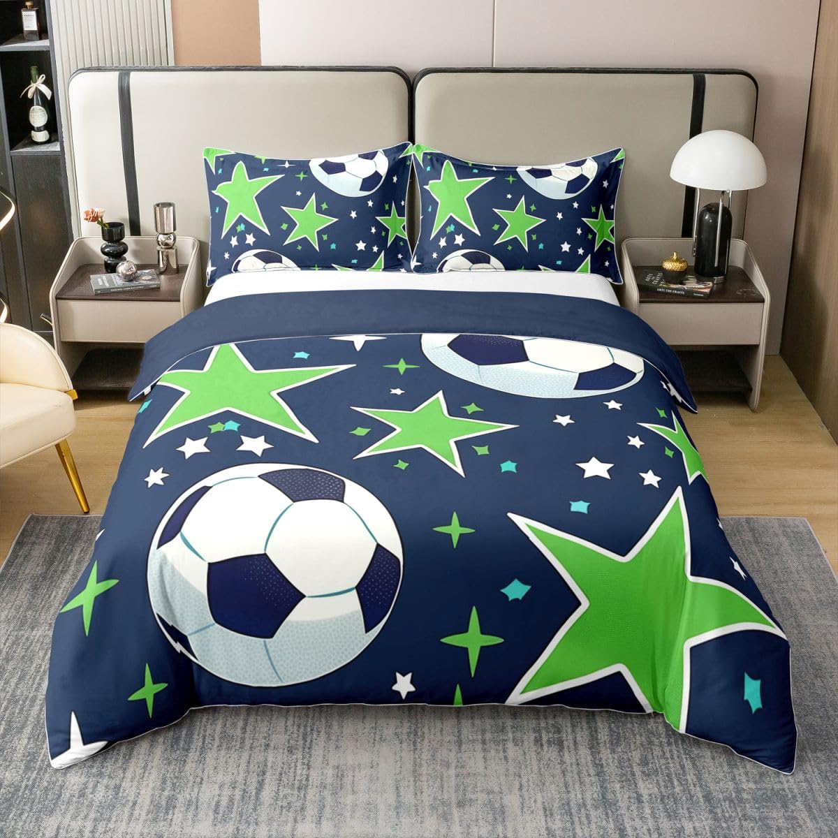 Homewish Piłka nożna chłopcy pościel podwójne łóżko zestaw piłka nożna gry bawełna poszewka na kołdrę piłka sportowa poszewka na kołdrę dla dzieci chłopców nastolatków dorosłych zielona gwiazda