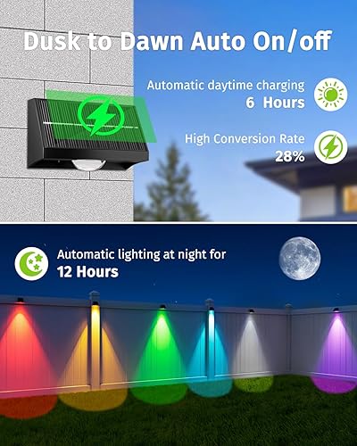 Miniatura 4 de Luces solares para valla al aire libre, impermeables, de alto brillo, luces LED para cubierta, 7 modos, blanco cálido y frío, luz de pared RGB