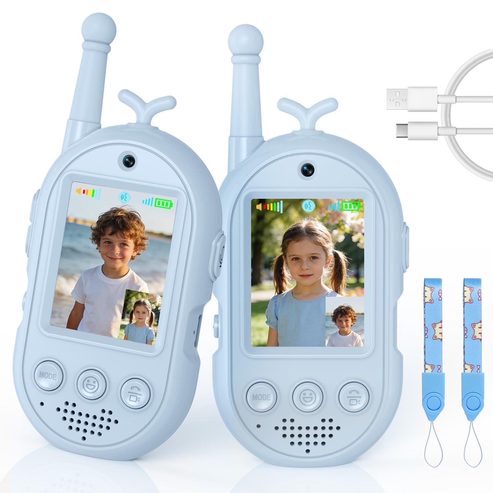 Walkie Talkie Kinder, 2er Set Video Walkie Talkie Aufladbar mit Display, 2-Way Radio Funkgeräte Große Reichweite für Abenteuer im FreienGeschenke, Spielzeug für Jungen und Mädchen von 3-12 Jahren
