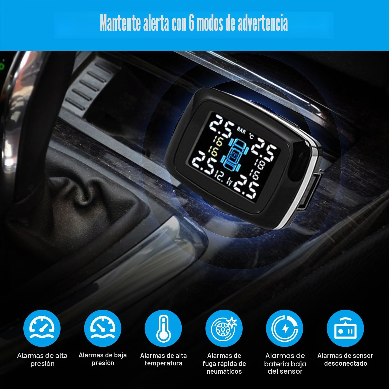 Sistema de monitoreo de presión de neumáticos, sistema inalámbrico TPMS de presión de neumáticos, 6 modos de alarma, brillo de pantalla ajustable y ángulo de monitor para RV, SUV, MPV, camión, sedán