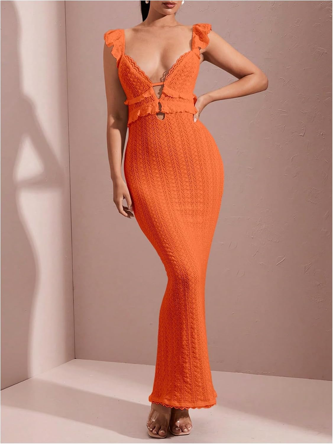 SOLY HUX Women's Maxi Dress Crochet Ruffle Sleeveless Backless Bodycon Long Dresses