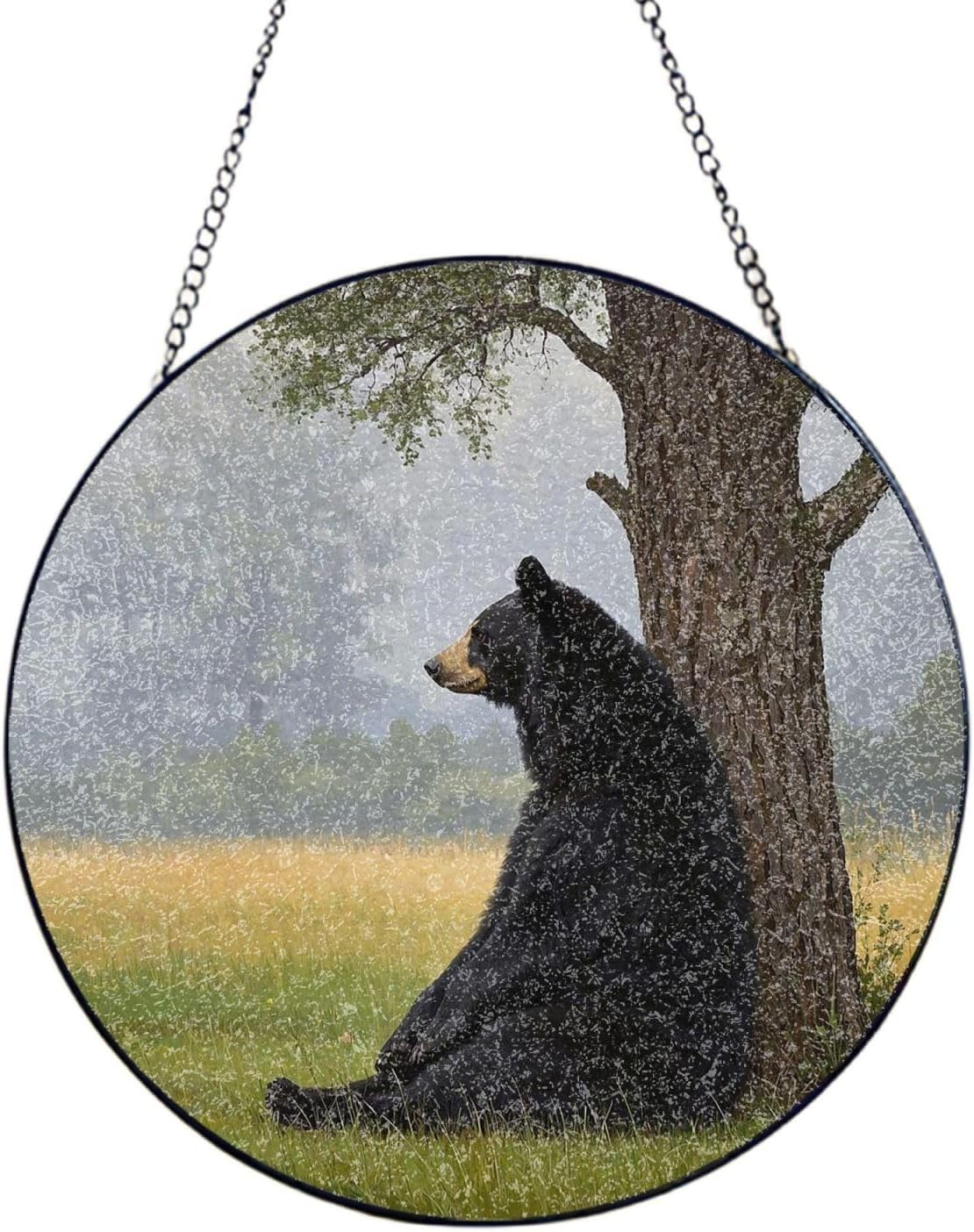 Stained Glass Window Hanging 10in Window Suncatcher Glass Panel with Metal Chain Black Bear Leaning Against A Tree Sun Catchers Wall Art Home Decor Gift for Women Mother's Day
