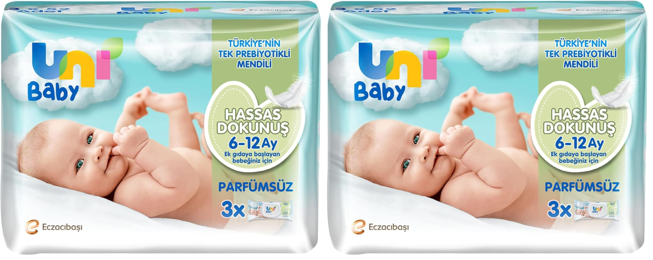 Uni Baby Hassas Dokunuş 156 Yaprak Parfümsüz Islak Mendil, Beyaz, 6-12 Ay (3 x 52 Adet) 2li paket