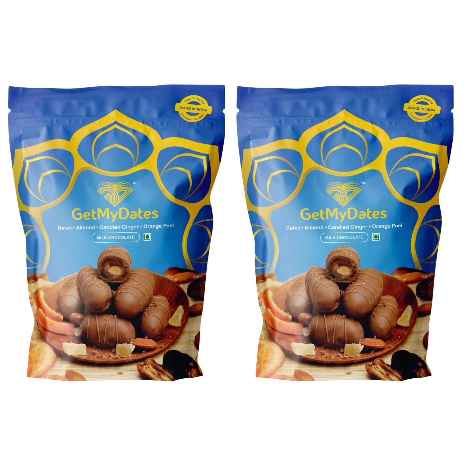 GetMyDates Almond, Candied Ginger and Orange Peel Covered With Dates and Milk Chocolate | Healthy & Nutritious Snack | Rich in Protein & Vitamins | Natural Sweetner 120gm (Pack Of 2)