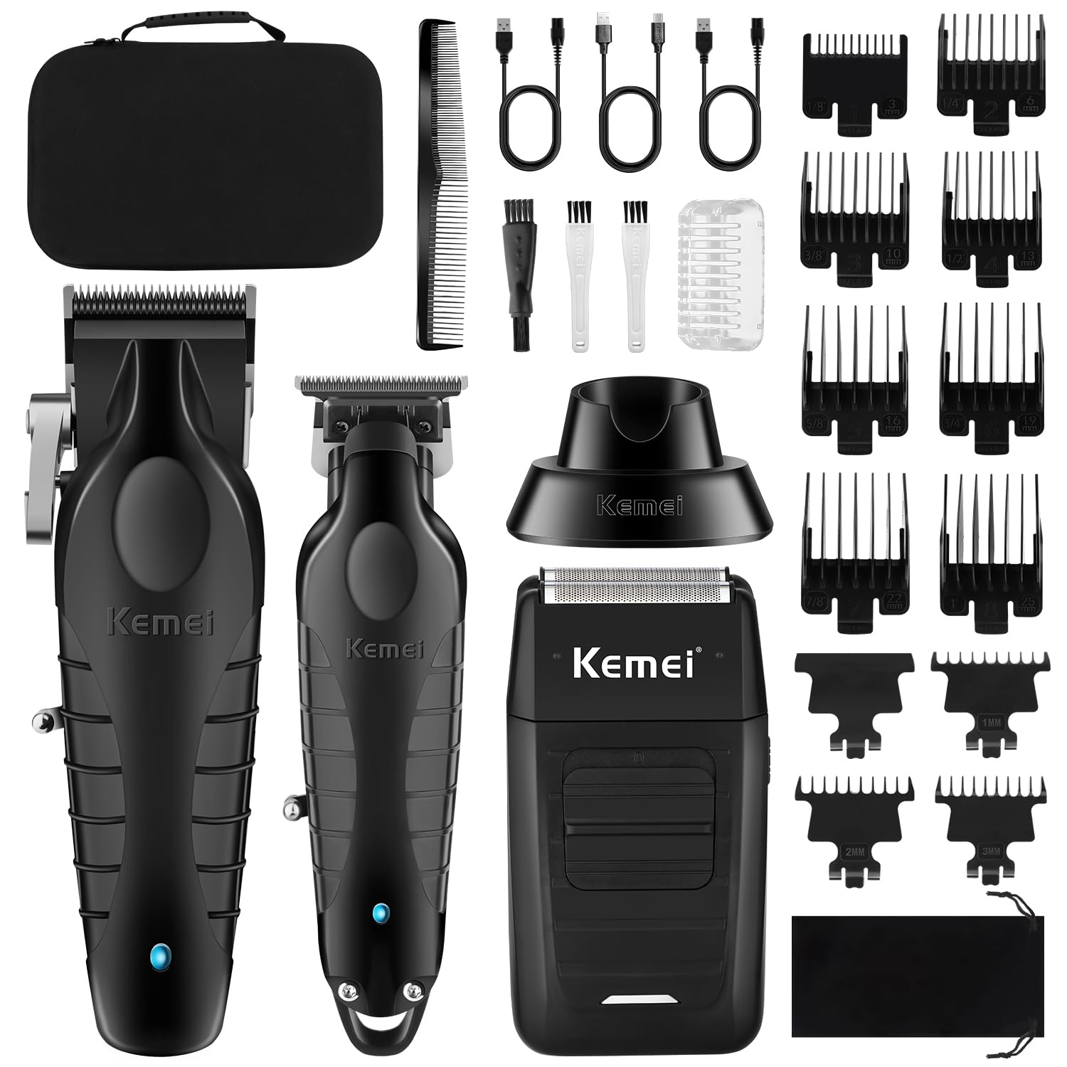 KEMEI Professionelles Haarschneidemaschinen-Set für Männer, schnurloser Haarschneider & Folienrasierer, Friseurschneider mit 2500 mAh großem Akku, R-Typ verstellbar, Ladestation
