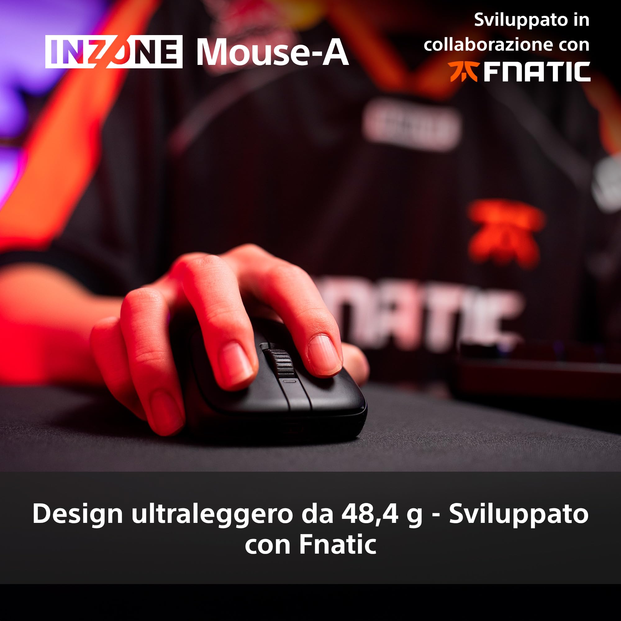 Sony INZONE Mouse-A Mouse da Gaming Wireless –Ultra-leggero 48,4g, Polling Rate 8000Hz, Sensore PixArt 30K DPI, Switch Ottici, Batteria da 90 ore, USB-C, Co-progettato con Fnatic – Per eSport FPS–Nero