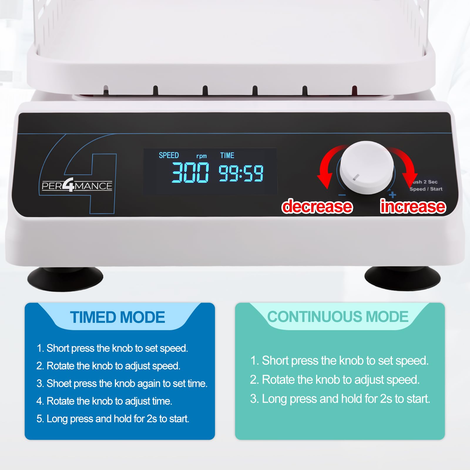PER4MANCE Agitatore orbitale con ampiezza di 20 mm, velocità regolabile 40-300 giri/min, capacità 2 kg, display LCD, timer (1 min-23 h59 min) e modalità continua per laboratorio
