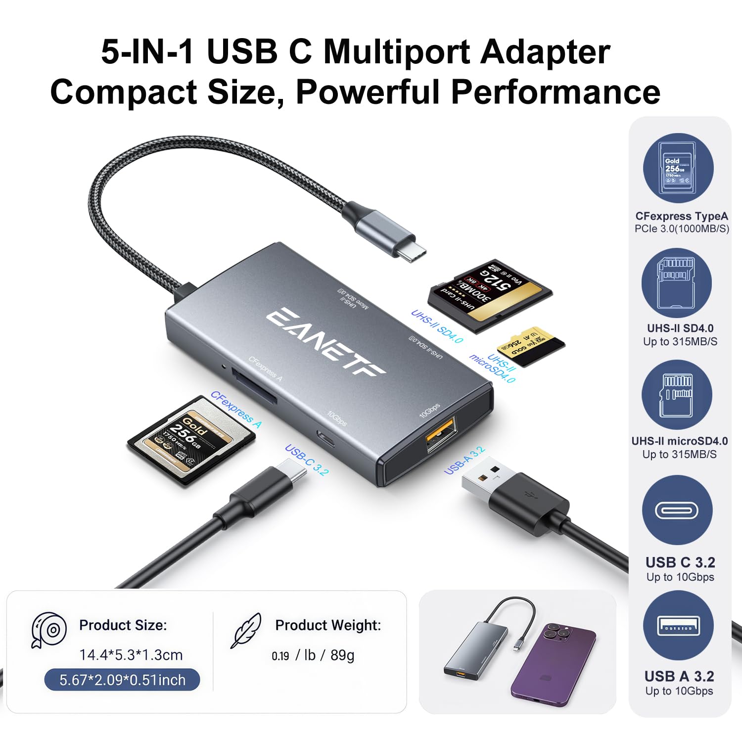 Eanetf 5-in-1 Professioneller USB-C-Hub, 10 Gbit/s, CFexpress Typ C + UHS-II SD4.0 (Dual Row Pins) + UHS-II Micro SD4.0 Kartenleser, industrieller USB 3.2 für 8K RAW Workflow, Filmemacher & Fotografen