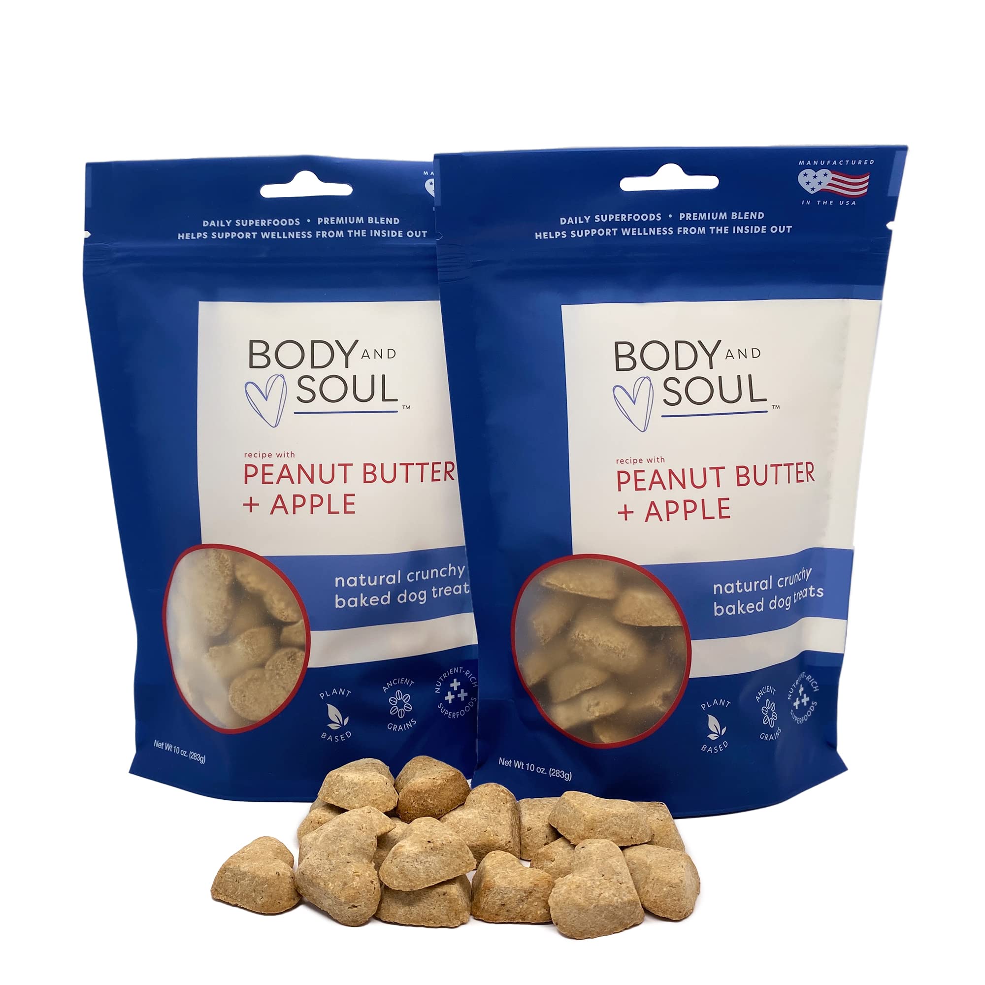 Body and Soul Peanut Butter + Apple Crunchy Dog Treats - Superfood Biscuits Baked with Oats Barley & Quinoa - All-Natural Plant Based Clean Protein, No Additives or Fillers - Made in USA 2 Pack (20oz)