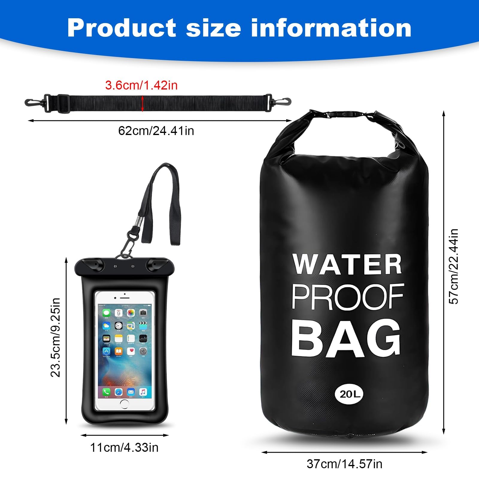 Zaino Impermeabile 20L, Sacca Impermeabile PVC con Tasca Phone, per Sport Acquatici, Nuoto, Barca - Borsas Impermeabile Mare