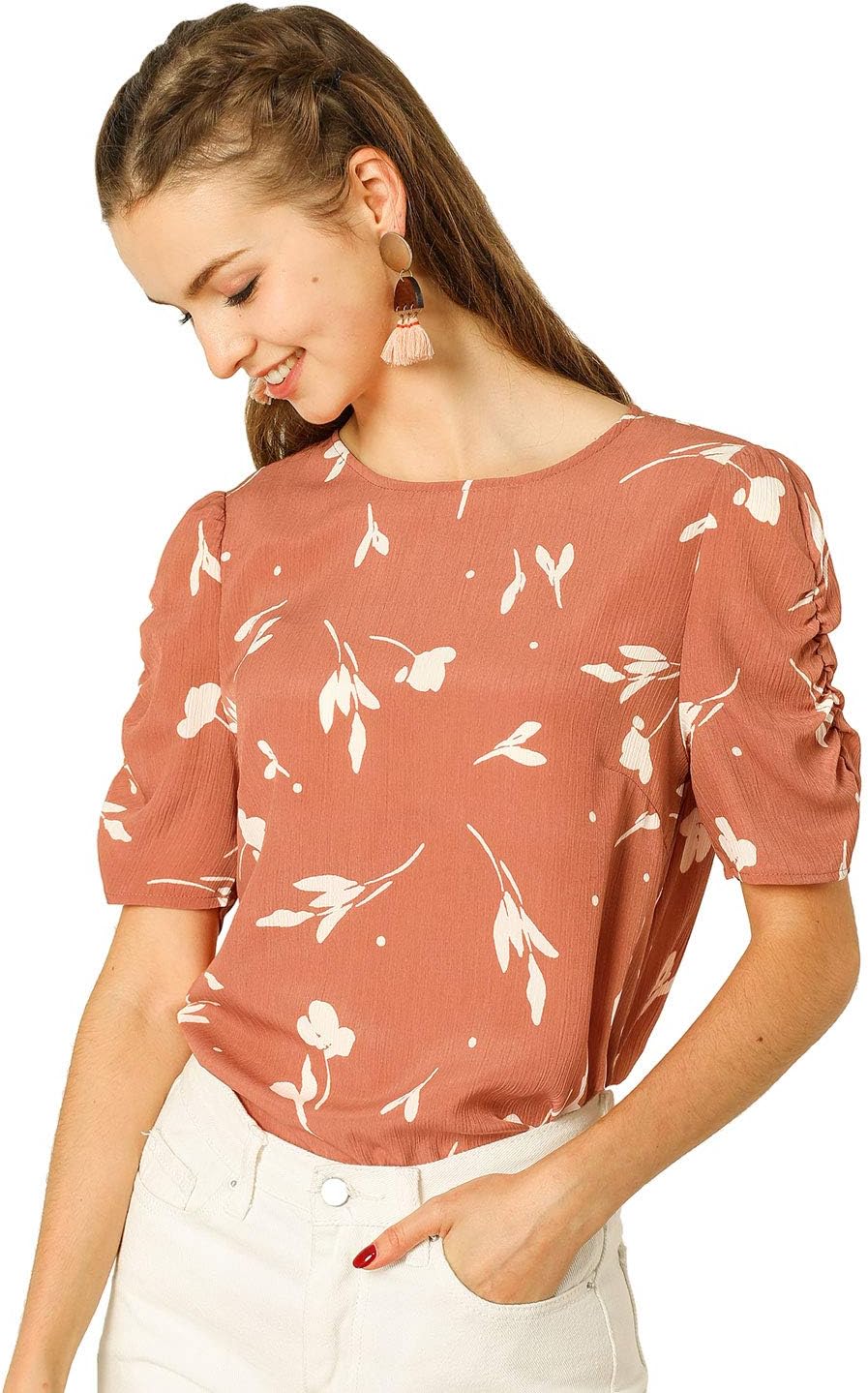 Allegra K Women's Floral Blouse Crew Neck Valentine's Day Casual Shirred Short Sleeve Top