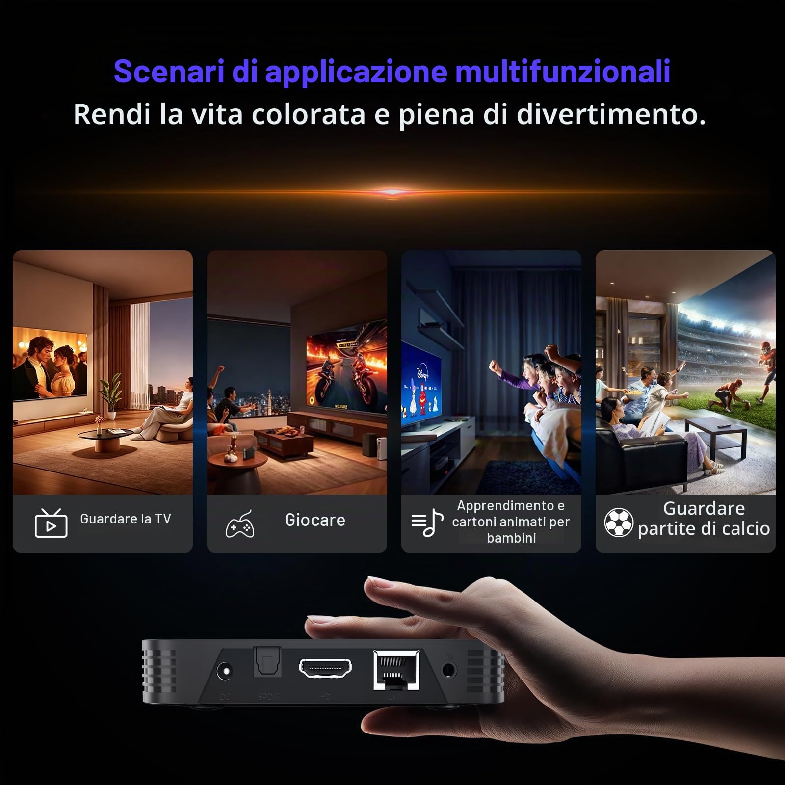 Android TV 14, 4 GB RAM 128 GB ROM Mali-G31, WiFi 2.4G & 5G, Bluetooth 4.2, 4K UHD 3D, porte USB & HDMI, mini tastiera e supporto IPTV