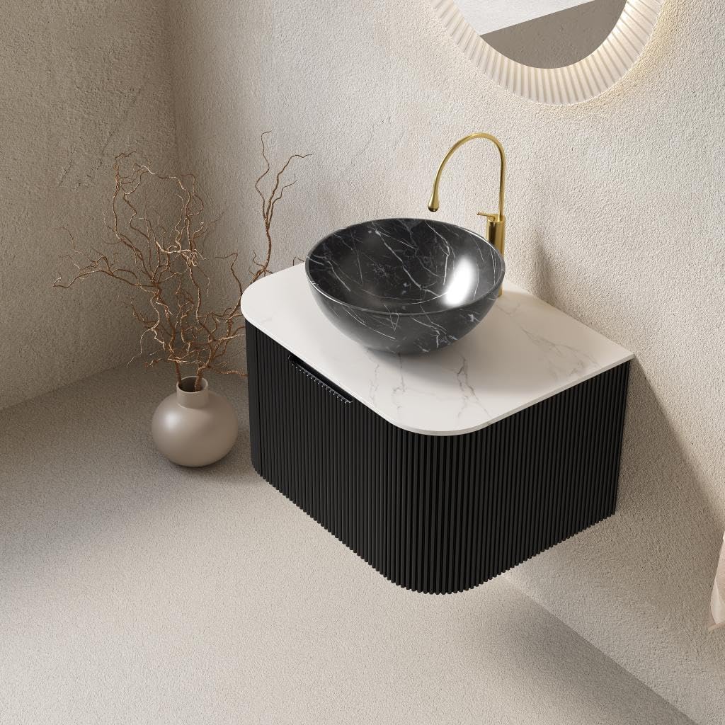 Floating Bathroom Vanity with Sink 24 Inch, Wall-Mounted Plywood Bathroom Vanity Cabinet with Drawer, Faux Marble Countertop & Black Bowl Ceramic Basin, Pre-Assembled, Black Wood Grain