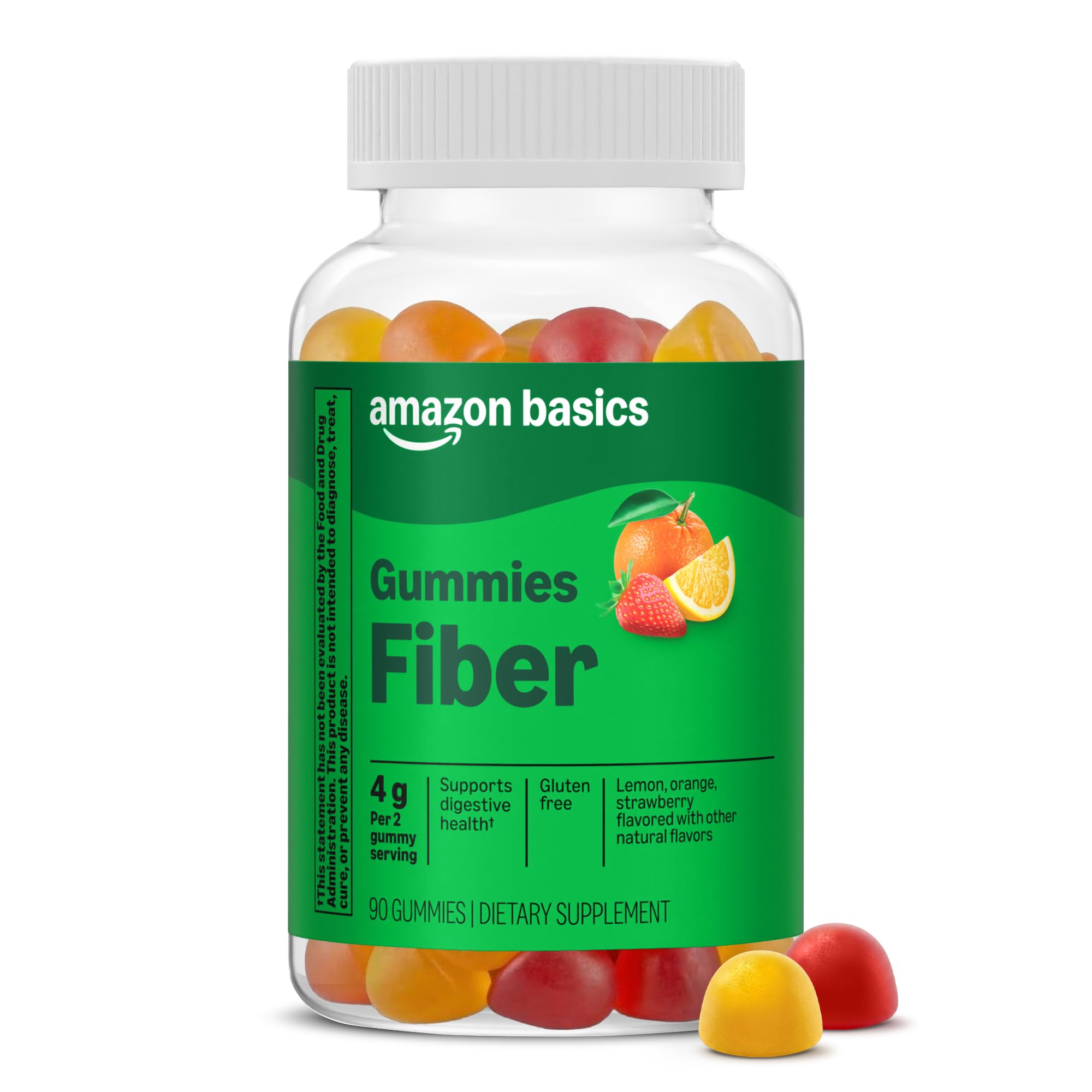 Amazon Basics Fiber 4g Gummy - Digestive Health, Supports Regularity, Orange, Lemon & Strawberry, 90 Gummies (2 per Serving), Packaging May Vary