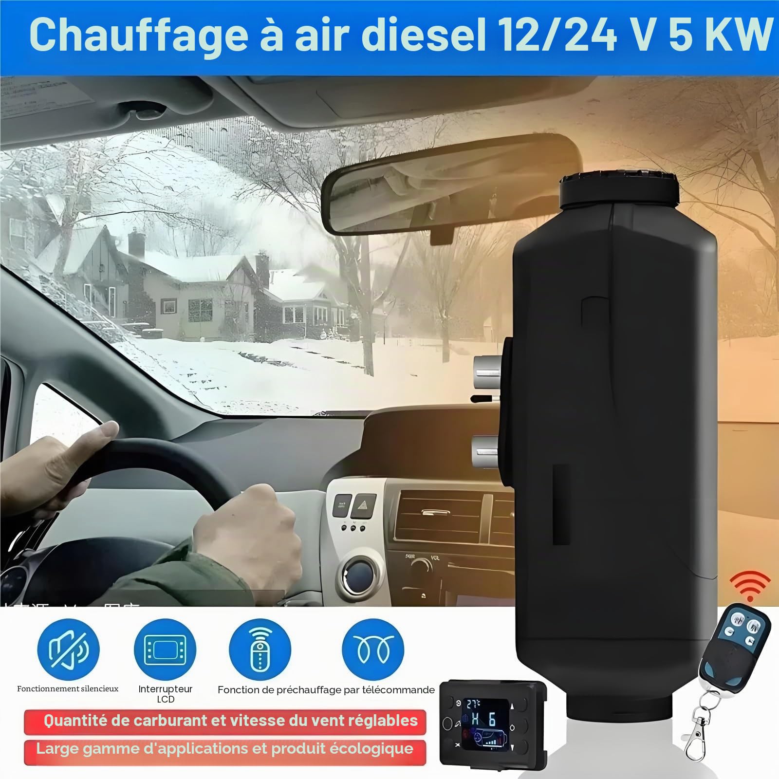 Chauffage Diesel Silencieux 2KW/5KW 12V/24V Kit Complet De Chauffage Pour Camping Car Camion Remorque Bateau Fourgon Avec Ecran LCD Pompe Ventilateur(12V24V 2KW)