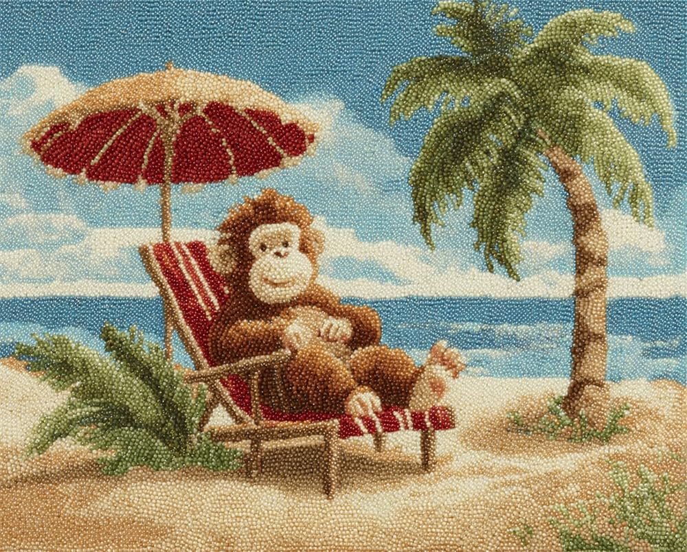 Kitquiver Latch Hook Kits for Adults Beginners Rug Monkey Sitting On A Beach Chair DIY Crochet Yarn Embroidery Handmade Needlework with Printed Canvas for Home Decoration 31X45In