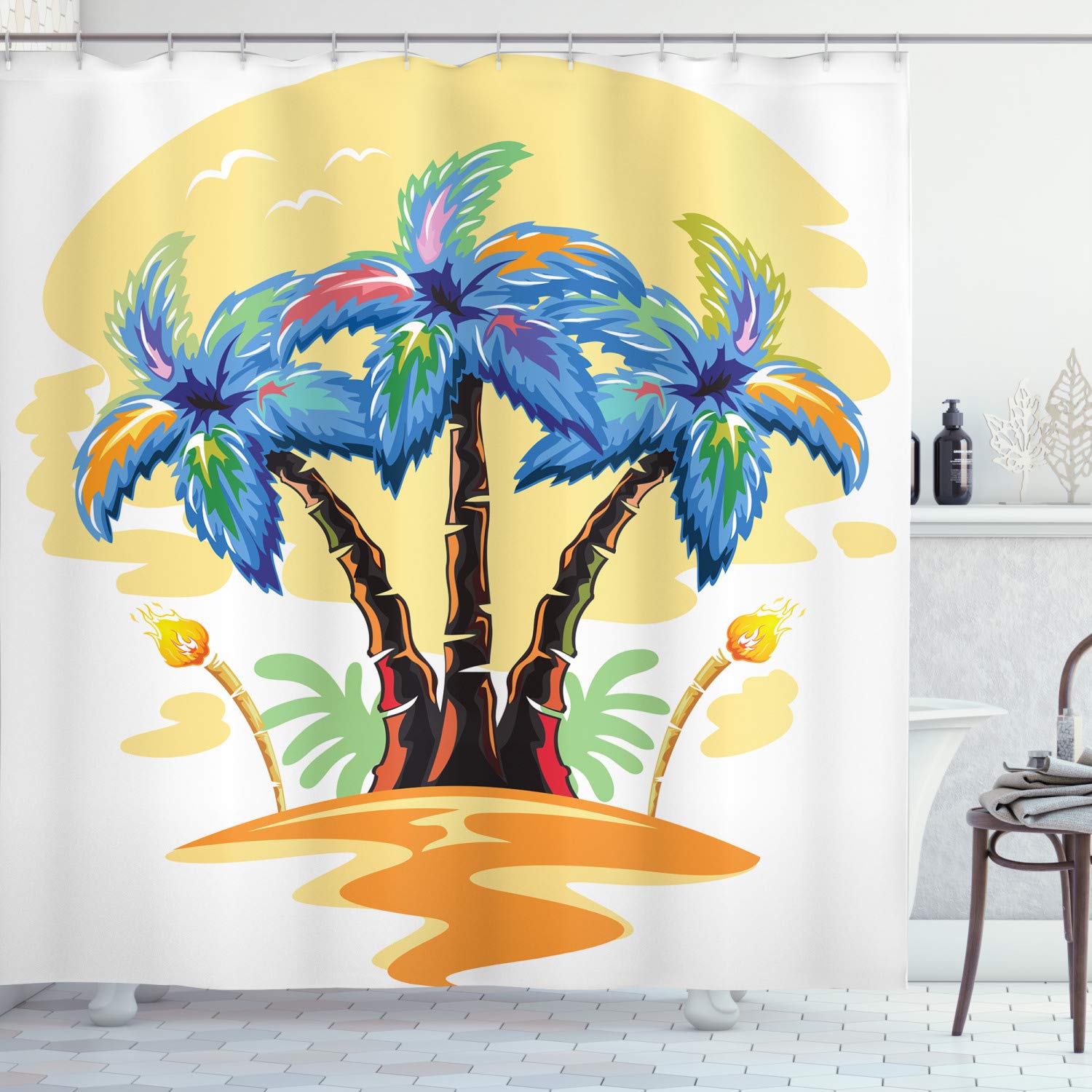 ABAKUHAUS Palm Tree Shower Curtain, Colorful Cartoon Tropical Island Hawaiian Torch Seagulls Sunset Summer Theme, Cloth Fabric Bathroom Decor Set with Hooks, 70 Inches, Blue Orange — image 1