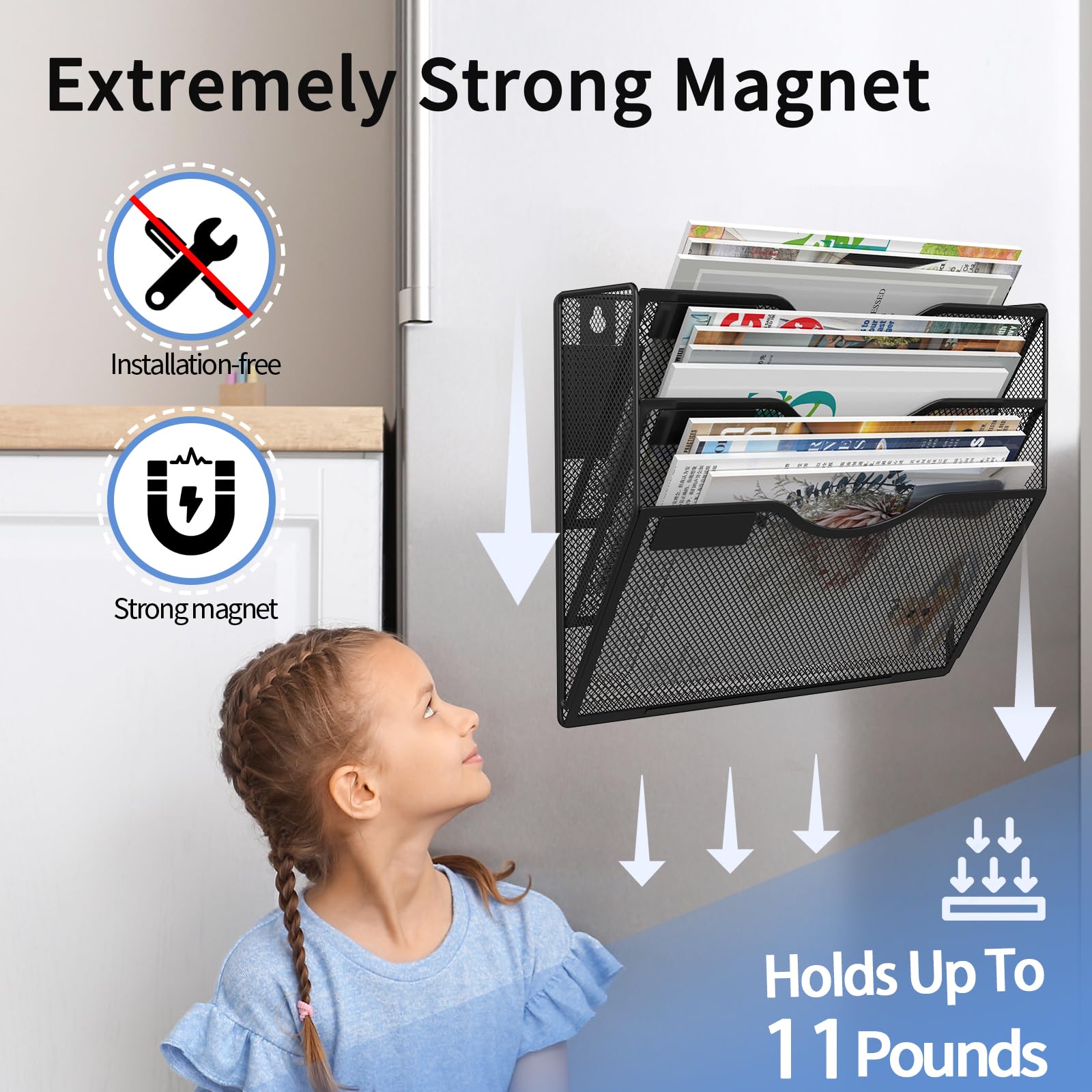 Portadocumenti magnetico a 3 livelli, senza foratura, organizer per archivio di documenti magnetico, organizer nero per riviste, porta carta magnetica per frigorifero, schedari, lavagna bianca