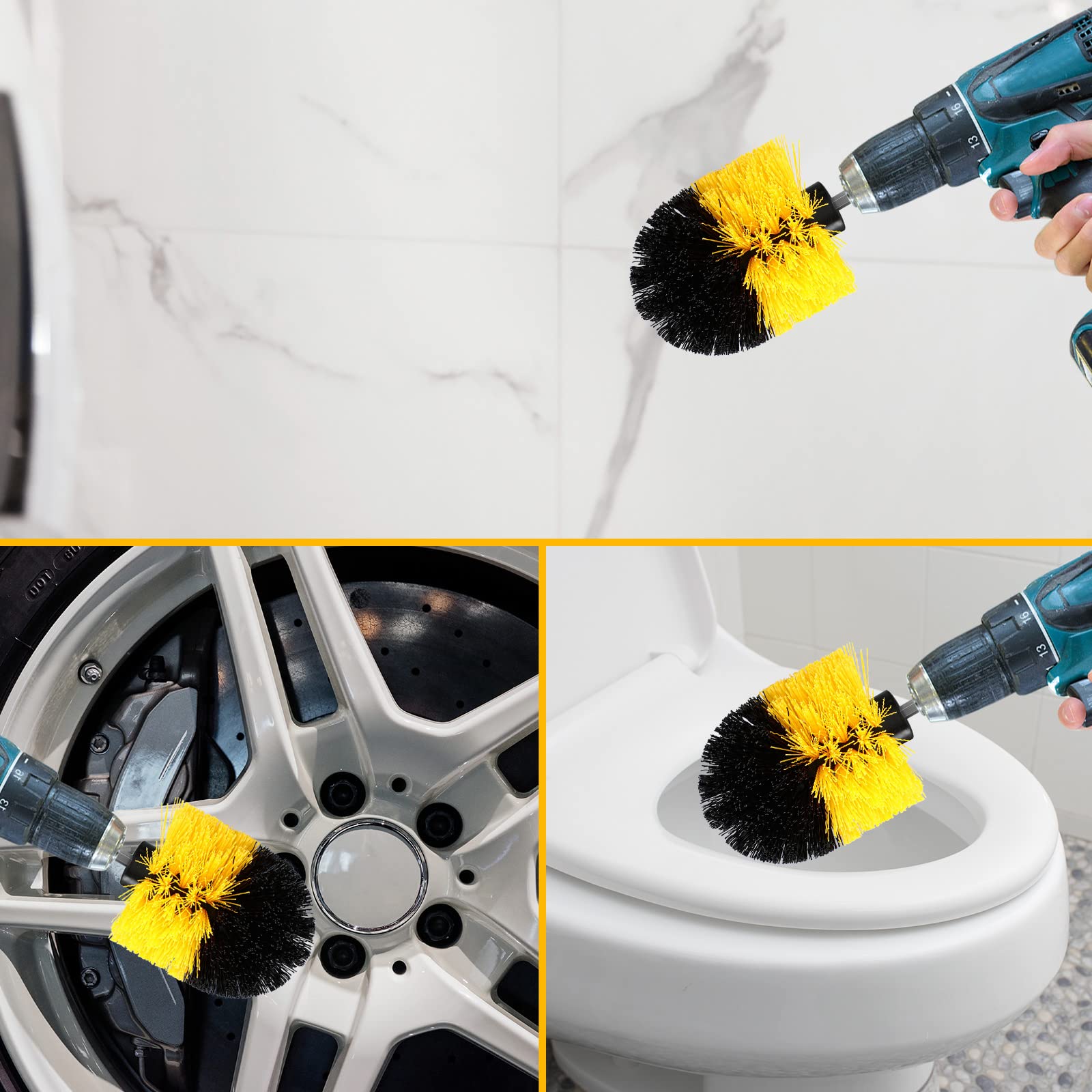 Lot de 12 brosses à récurer électriques en nylon - Fournitures de nettoyage multi-usage pour perceuse de salle de bain, baignoire, douche, carrelage de cuisine, voiture (jaune)