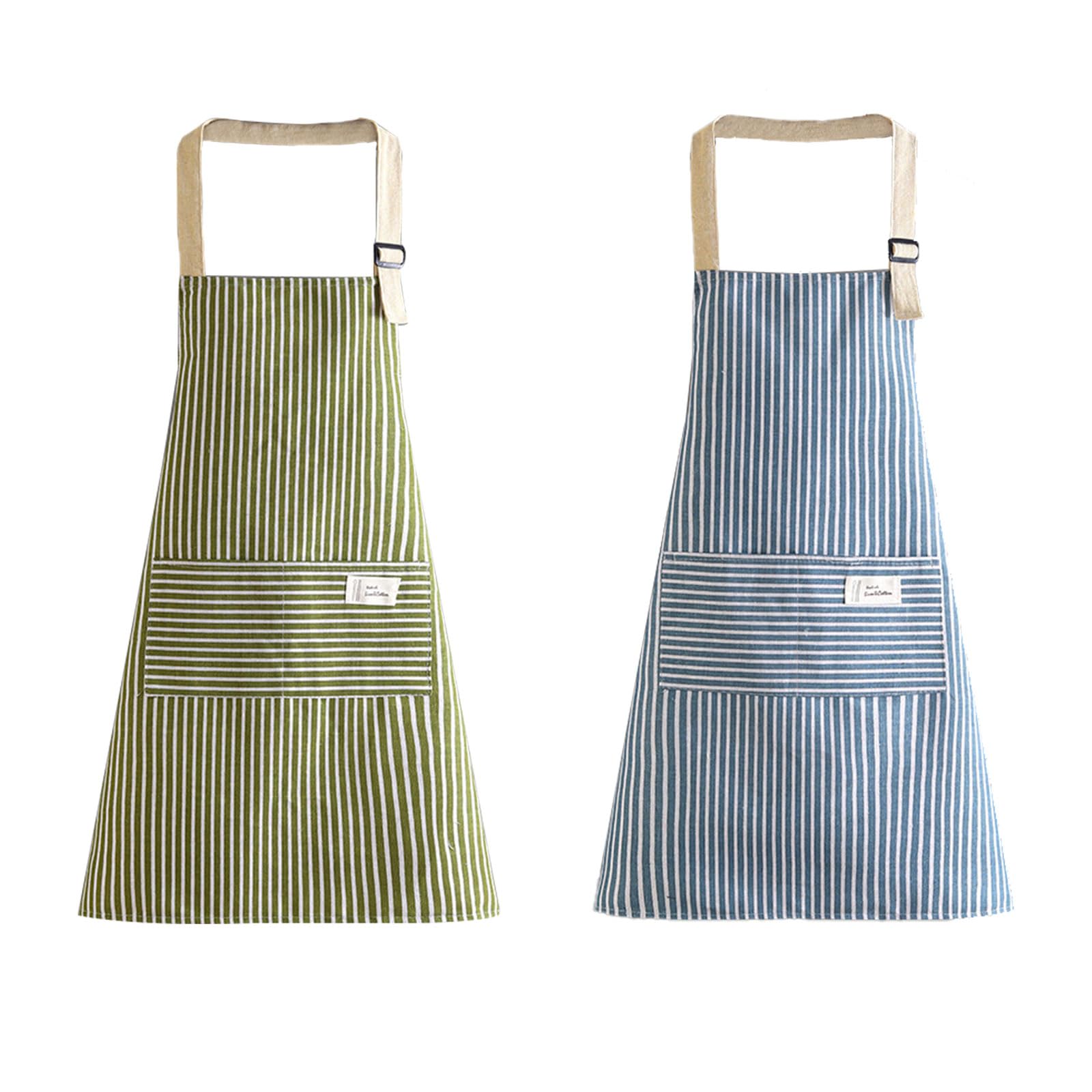 2 Pcs Stripe Bib Apron with Pockets, Adjustable Apron for Cooking, Baking, Gardening, Household Cleaning, Restaurant (Green, Blue)