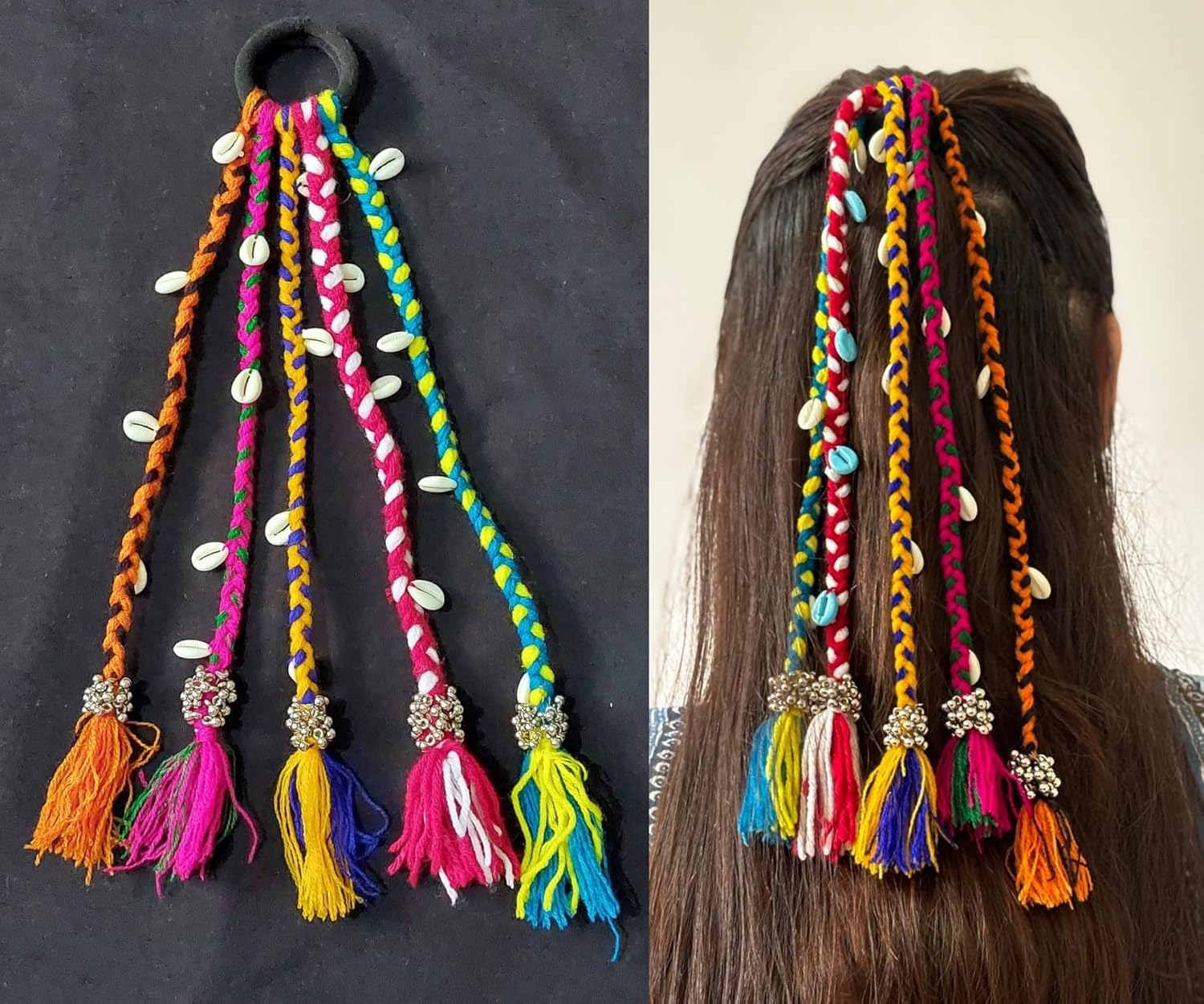 HENIRAG Navratri Look Hair braids with Rubber Bands For Rainbow Braids Girl and Women (1pcs,Multi)-image-11