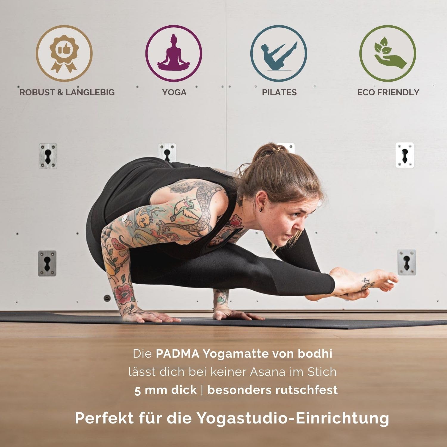 Bodhi Yogamatte Padma | Premium Studiomatte | Sehr Rutschfest & Robust | Profi-Matte für Yoga & Pilates | Made in Germany | OEKO-TEX 100 | Sportmatte für dynamisches Yoga