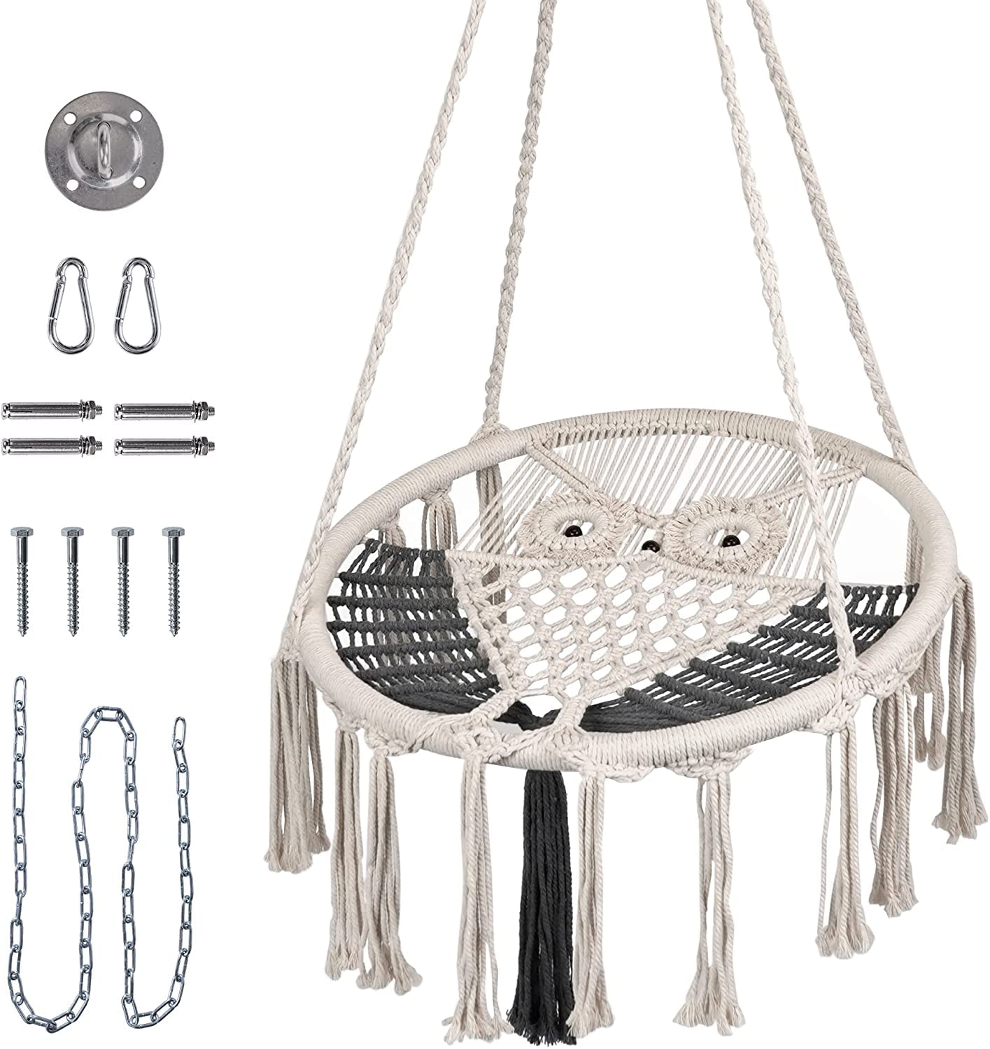 Prime Garden Hammock Chair, Owl Hanging Macrame Swing with Hardware Kits, Handmade Knitted Mesh Rope Swing Chair for Indoor, Outdoor, Bedroom, Patio,