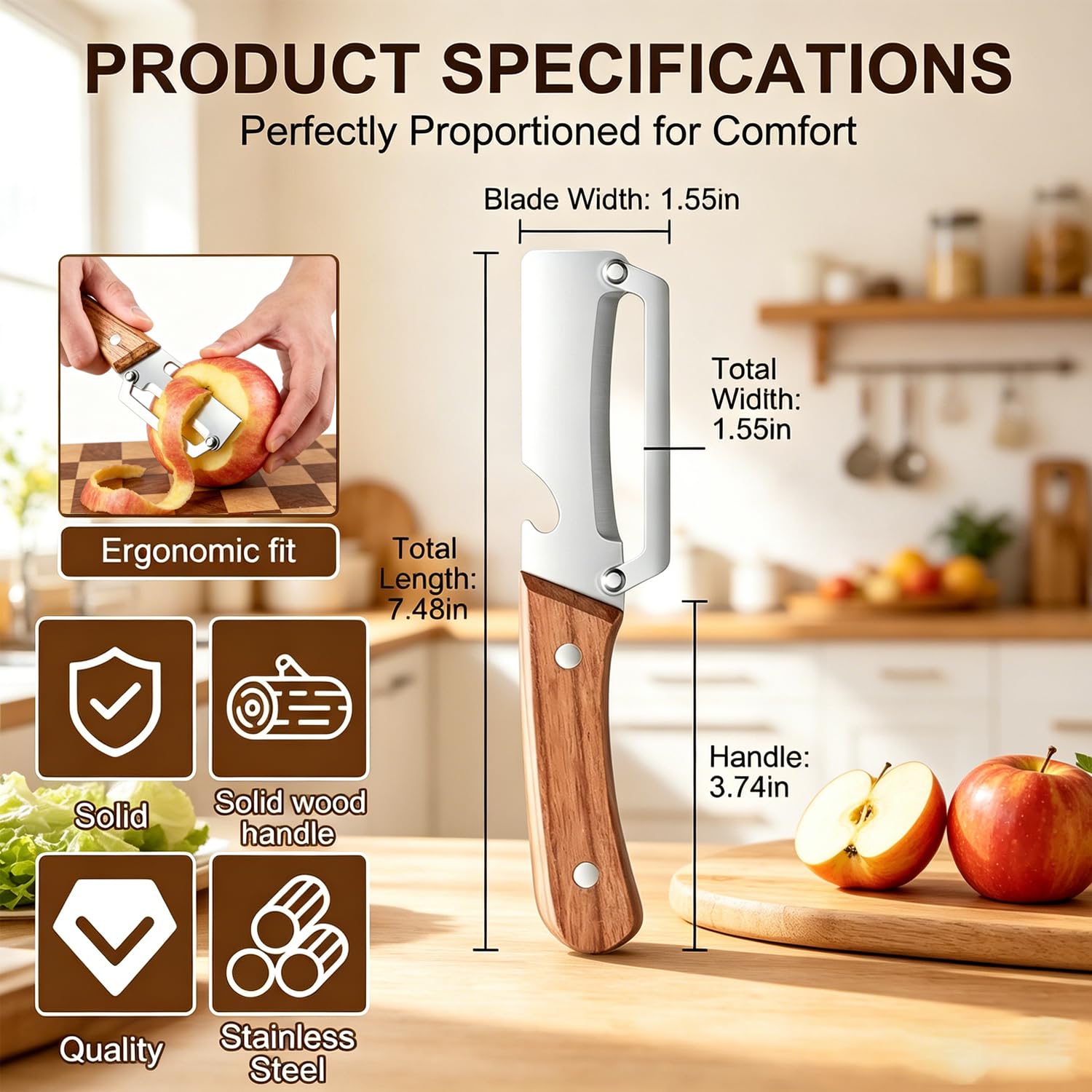 MultiFunctional Vegetable Peeler for Kitchen, Vegetable Peeler with Wooden Handle and Bottle Opener, 2-in-1 Stainless Steel Kitchen Peelers for Fruit Veggie Apple Potato Pumpkin Papaya(1PCS) — view 6