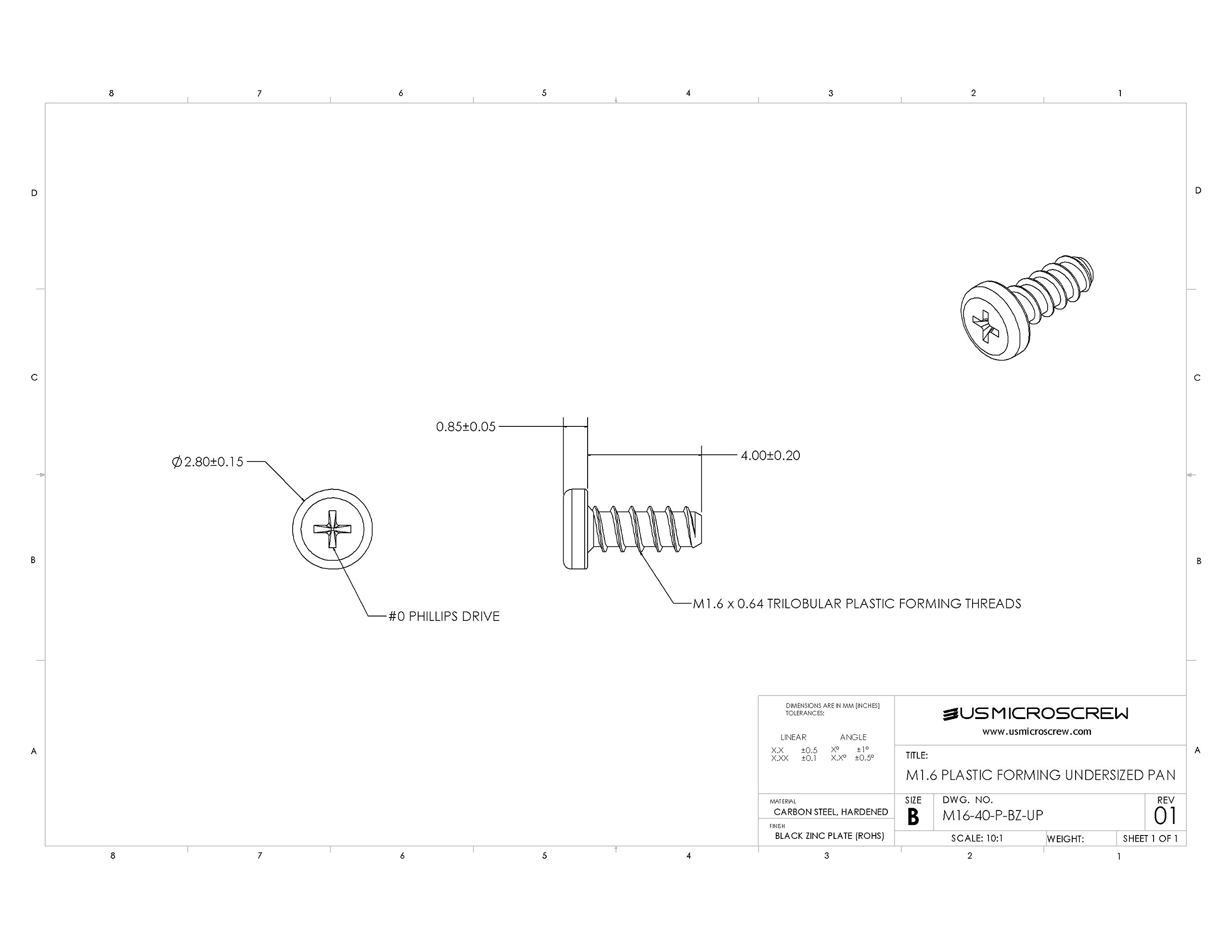 M1.6 X 4mm Plastic Thread Forming Screw Black Zinc Plated Steel Undersized Pan Head Phillips Drive (100 Pcs) - M16-40-P-BZ-UP