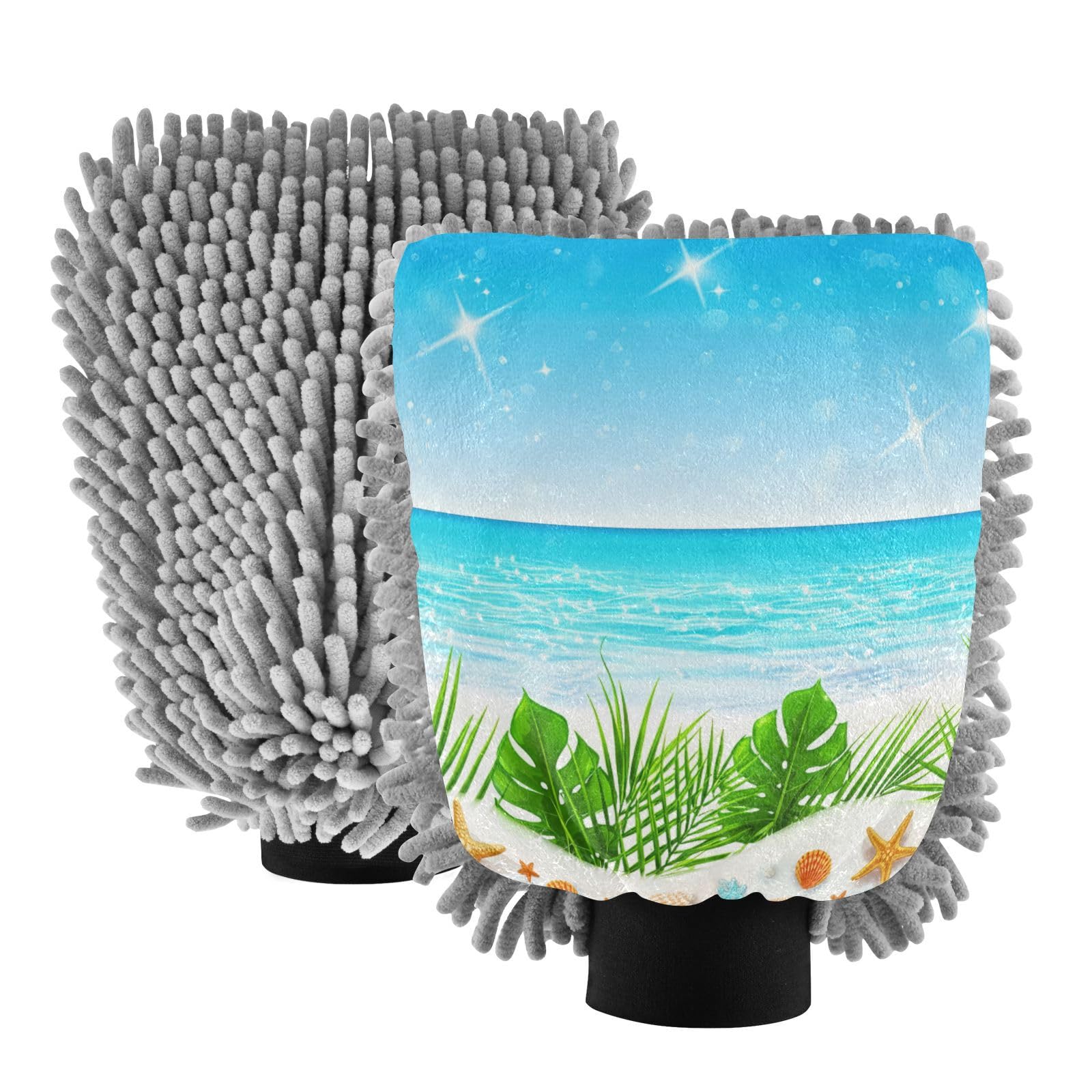 Kigai Tropical Beach Car Wash Mitt Microfiber, 2Pcs Scratch Free Lint-Free, Premium Chenille Microfiber Mitt Car Wash Brush-M