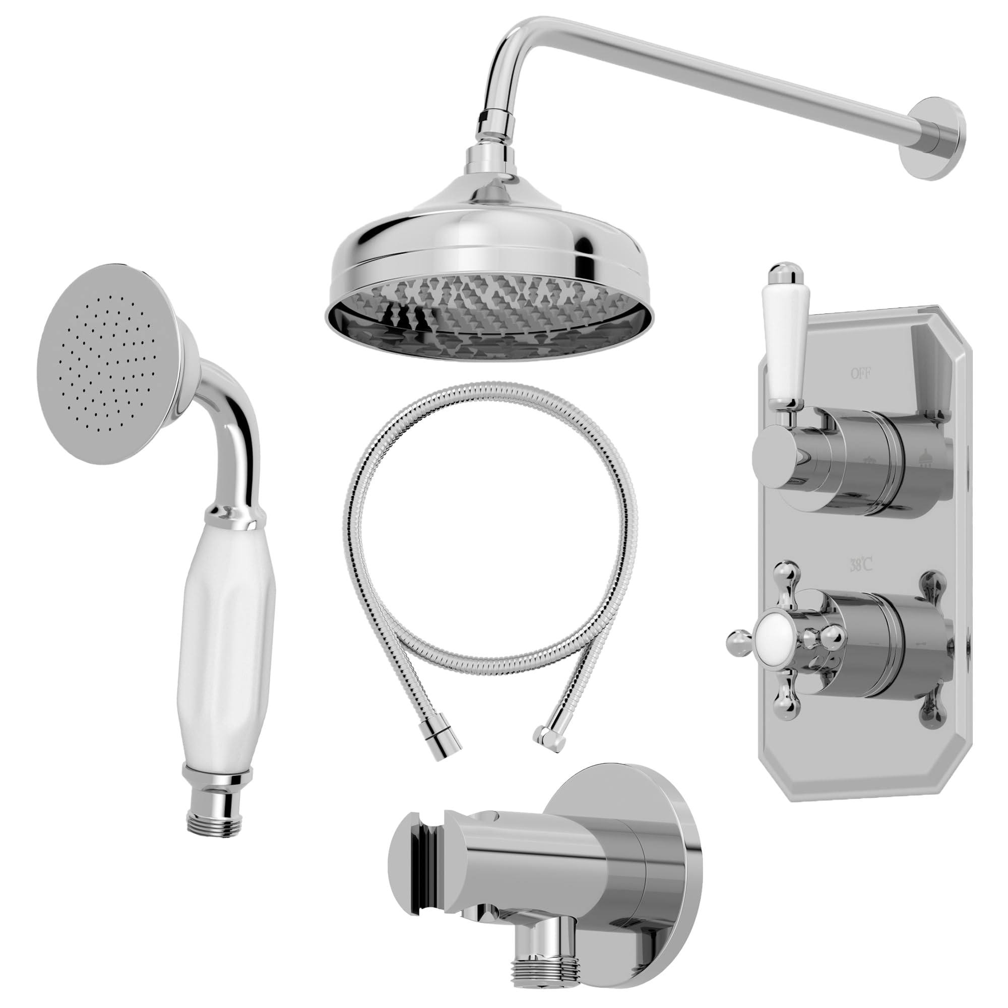 Baystone® Bathroom Thermostatic Mixer Shower with Round Rainfall Drencher Head Handset & Concealed Valve Wall Mounted Traditional, Chrome