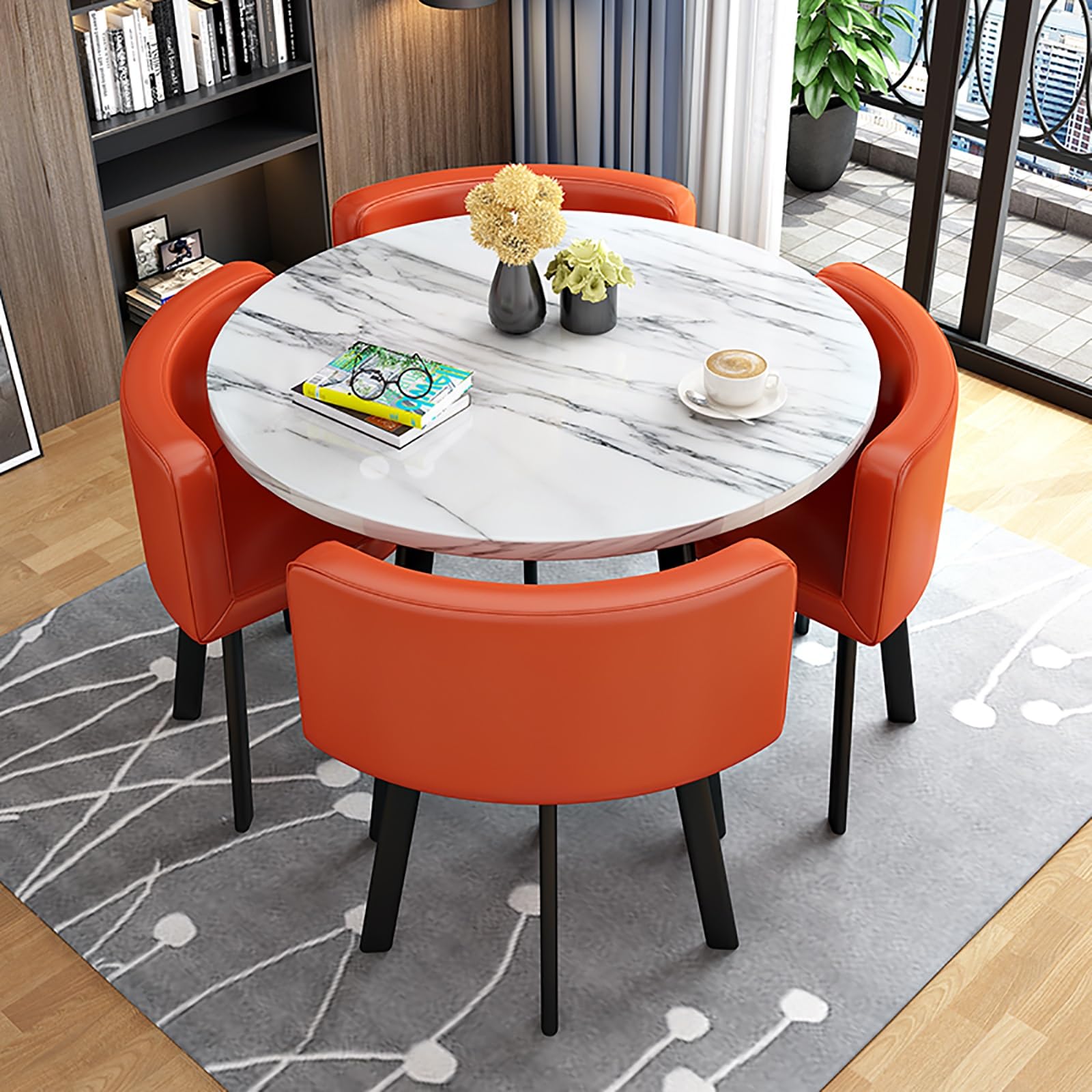 Round Dining Table Set for 4 with Marble Top and Chairs Office Reception Desk and Chair Set Suitable for Lounge Living Room Modern Furniture Dining Set,Orange 2-Circle-Cortex