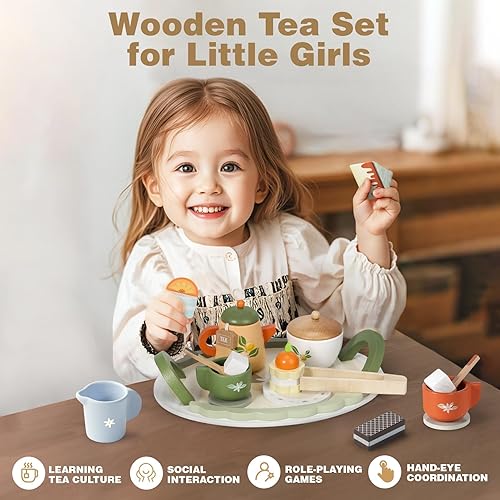 Miniatura 2 de Dreamon Juego de té de madera para niños pequeños de 3 a 5 años, regalo de cumpleaños para niñas, juegos de juguetes de comida para niños de 3, 4,