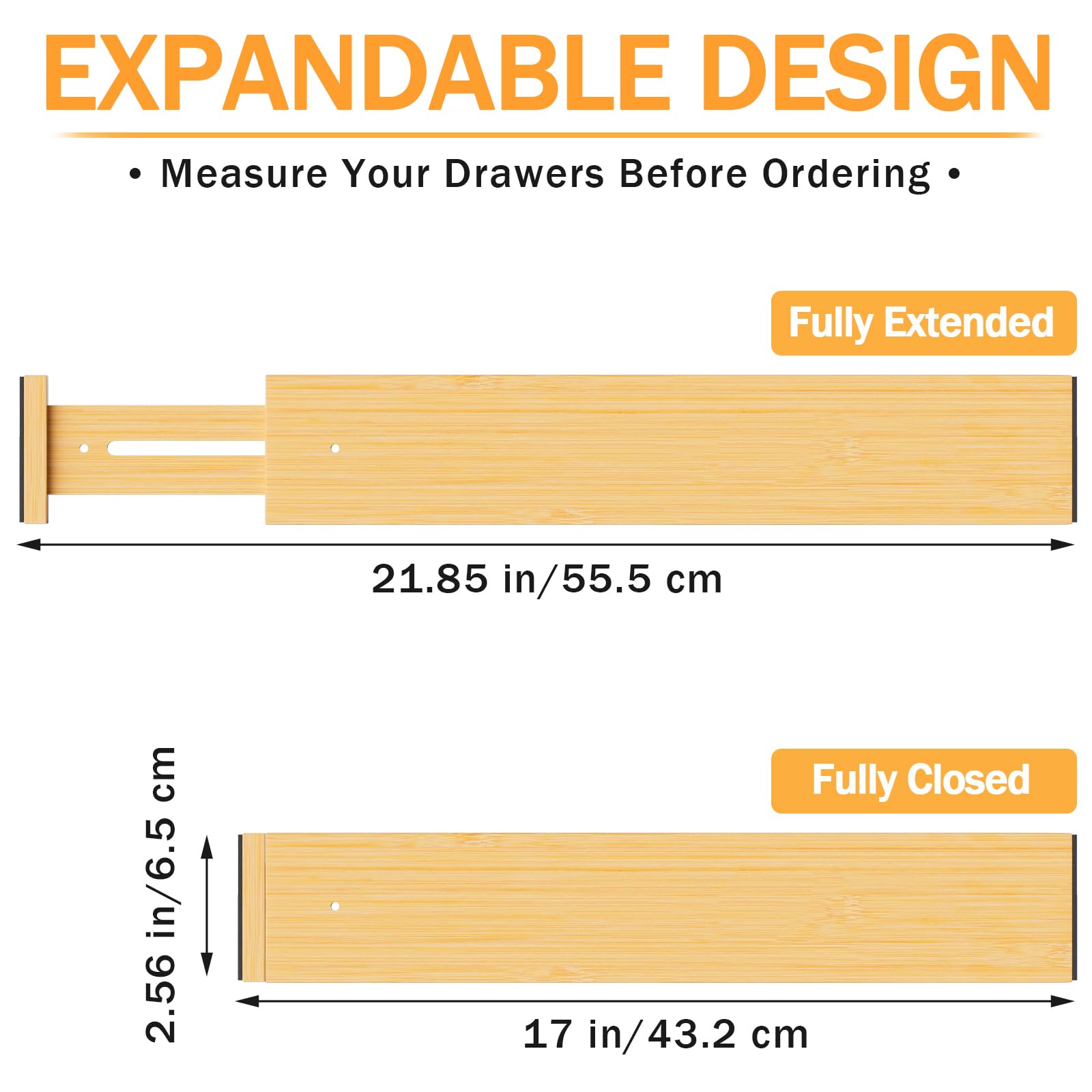 BAMBUROBA Separadores de cajones de bambú, organizador de cajones de cocina ajustable para ropa, separadores de organización de cajones expandibles de 17 a 22 pulgadas para dormitorio, baño, tocador y