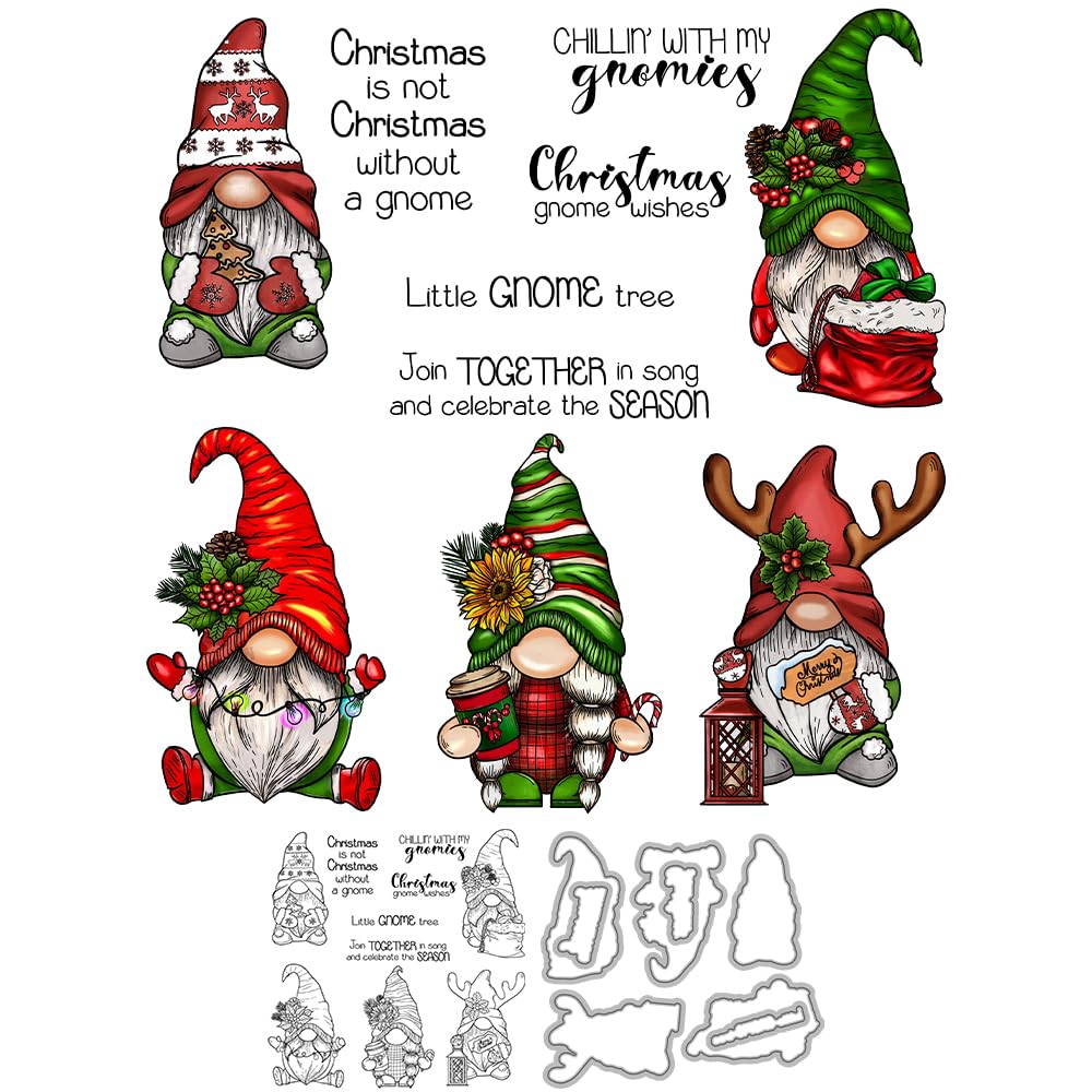 YIXUANMerry Christmas Cute Gnomes Clear Stamps and Metal Cutting Dies Set with Plastic Envelope Box for Card Making DIY Xmas Gifts Albums Crafts Decor Scrapbooking Supplies Silicone Stamp Knife Mold
