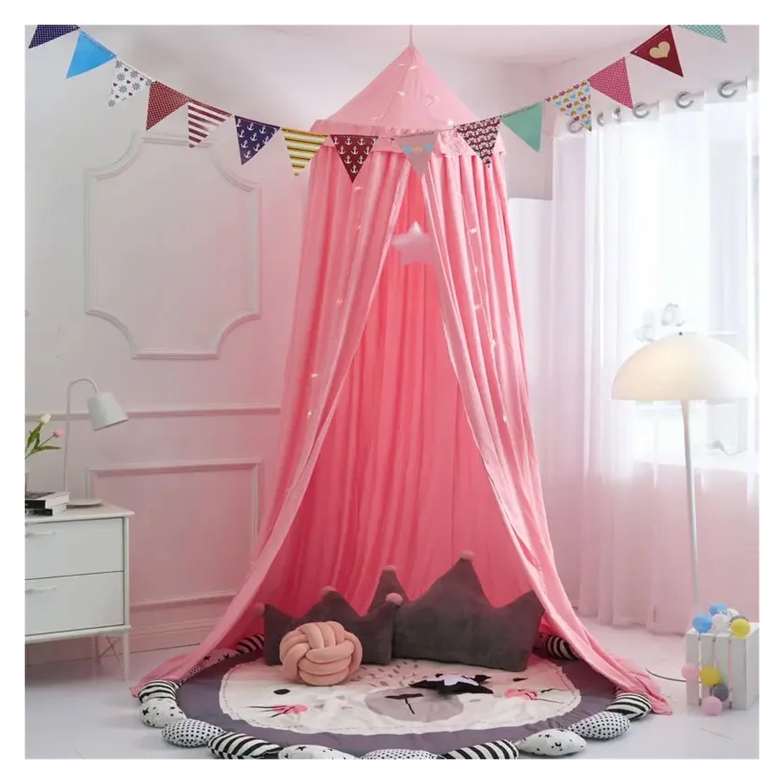 KiddiBubzi Bed Canopy For Kids Tassel Ruffle Edge Bed Canopy Round Dome Hanging Indoor Castle Play Tent Children Room Decoration Bed Tent(Dark Pink Ruffle)